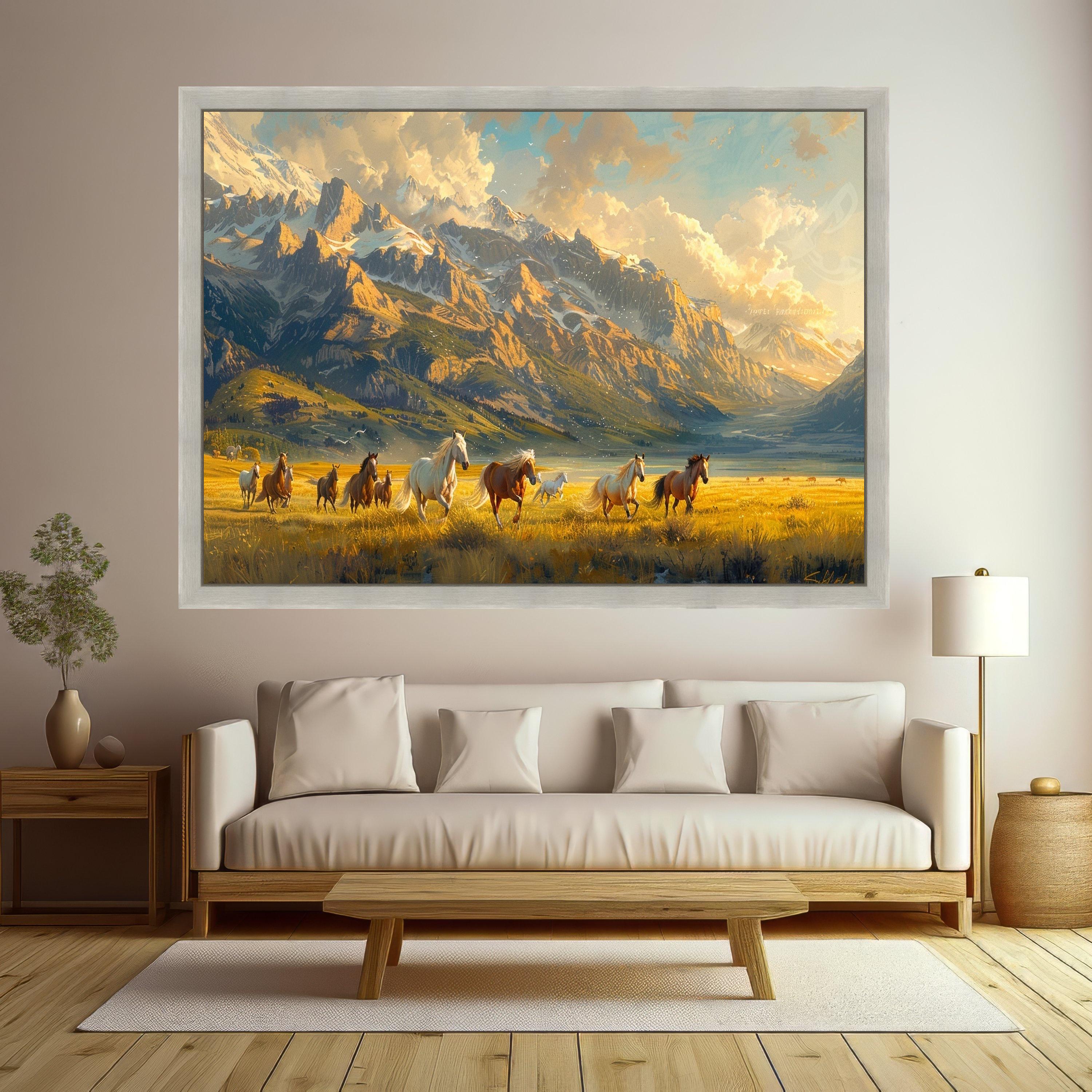 Wild Horses Running Canvas, Mountain Landscape Wall Art, Sunset Field Scene, Nature Canvas Decoration, Western Home Art
