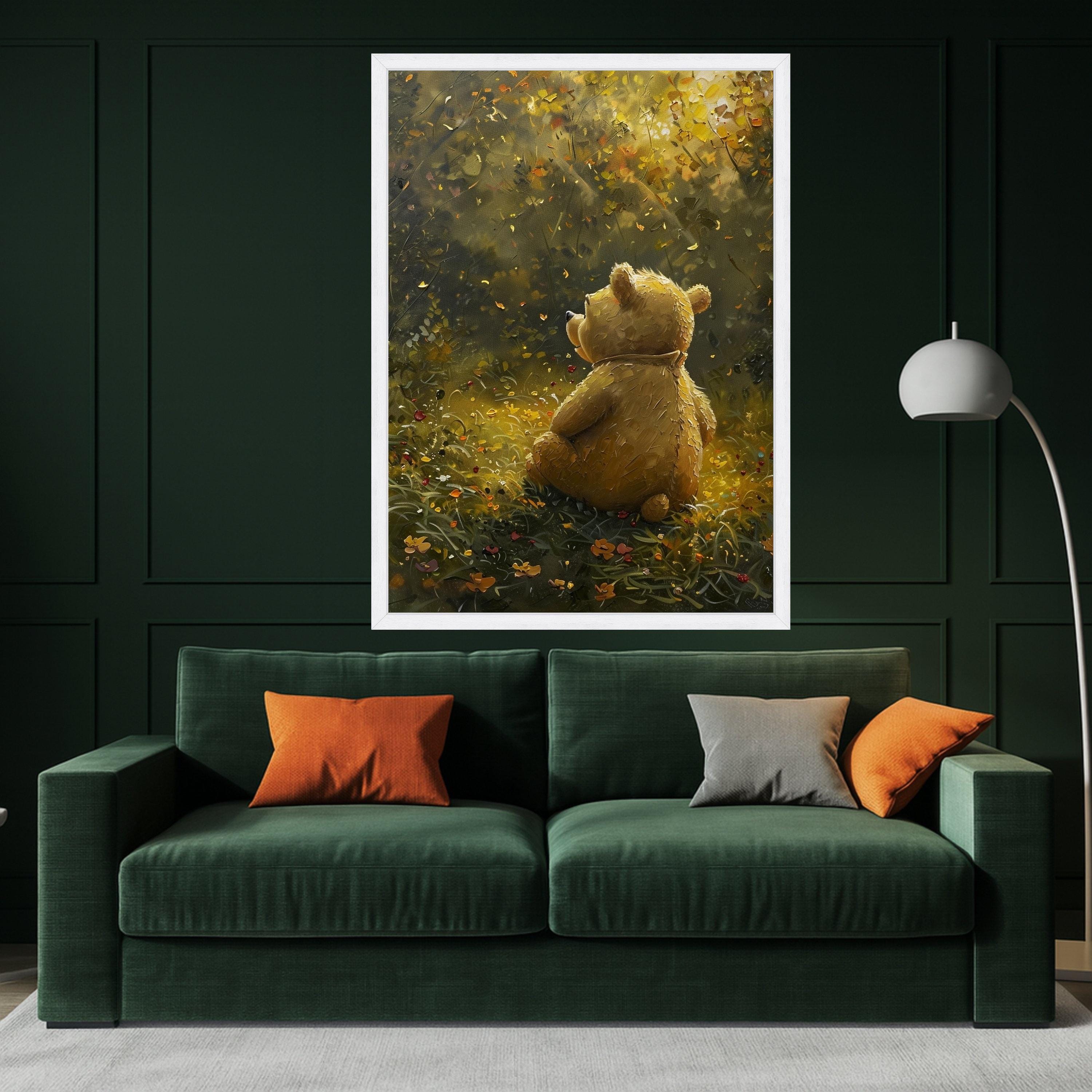 Whimsical Teddy Bear in Autumn Meadow Canvas, Childrens Room Wall Art, Cute Animal Illustration, Cozy Nature Scene Canvas