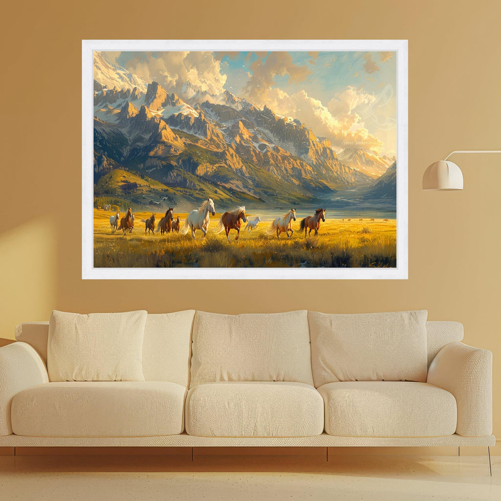 Wild Horses Running Canvas, Mountain Landscape Wall Art, Sunset Field Scene, Nature Canvas Decoration, Western Home Art