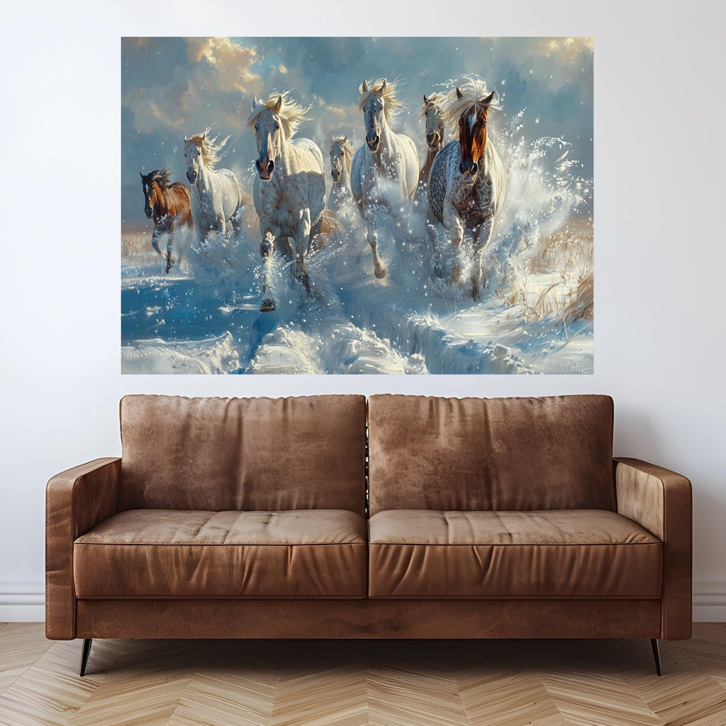 Majestic Wild Horses Running Through Snow Canvas, Winter Nature Wall Art, Animal Landscape Canvas, Dynamic Home Decoration