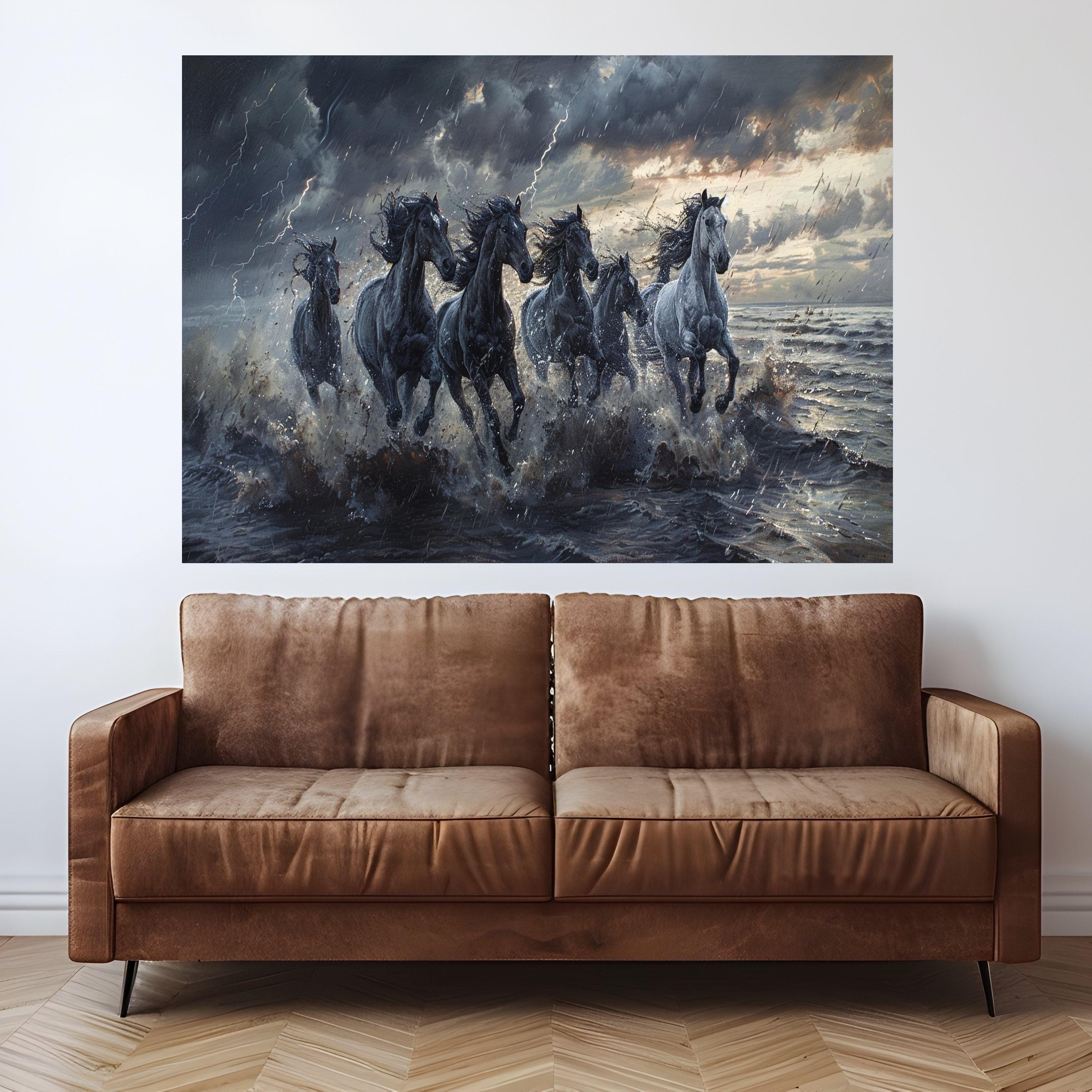 Galloping Horses in Stormy Sea Canvas, Wild Horses Wall Art, Dramatic Nature Scene, Ocean Splash Canvas, Adventure Home Decoration