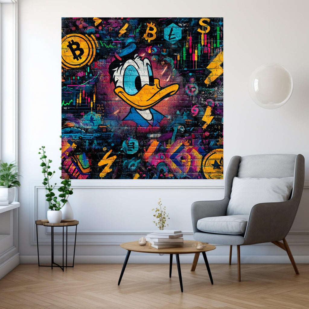 Vibrant Crypto Street Art Canvas, Digital Currency Wall Art, Colorful Urban Decor, Bitcoin and Litecoin Design, Modern Pop Culture Canvas