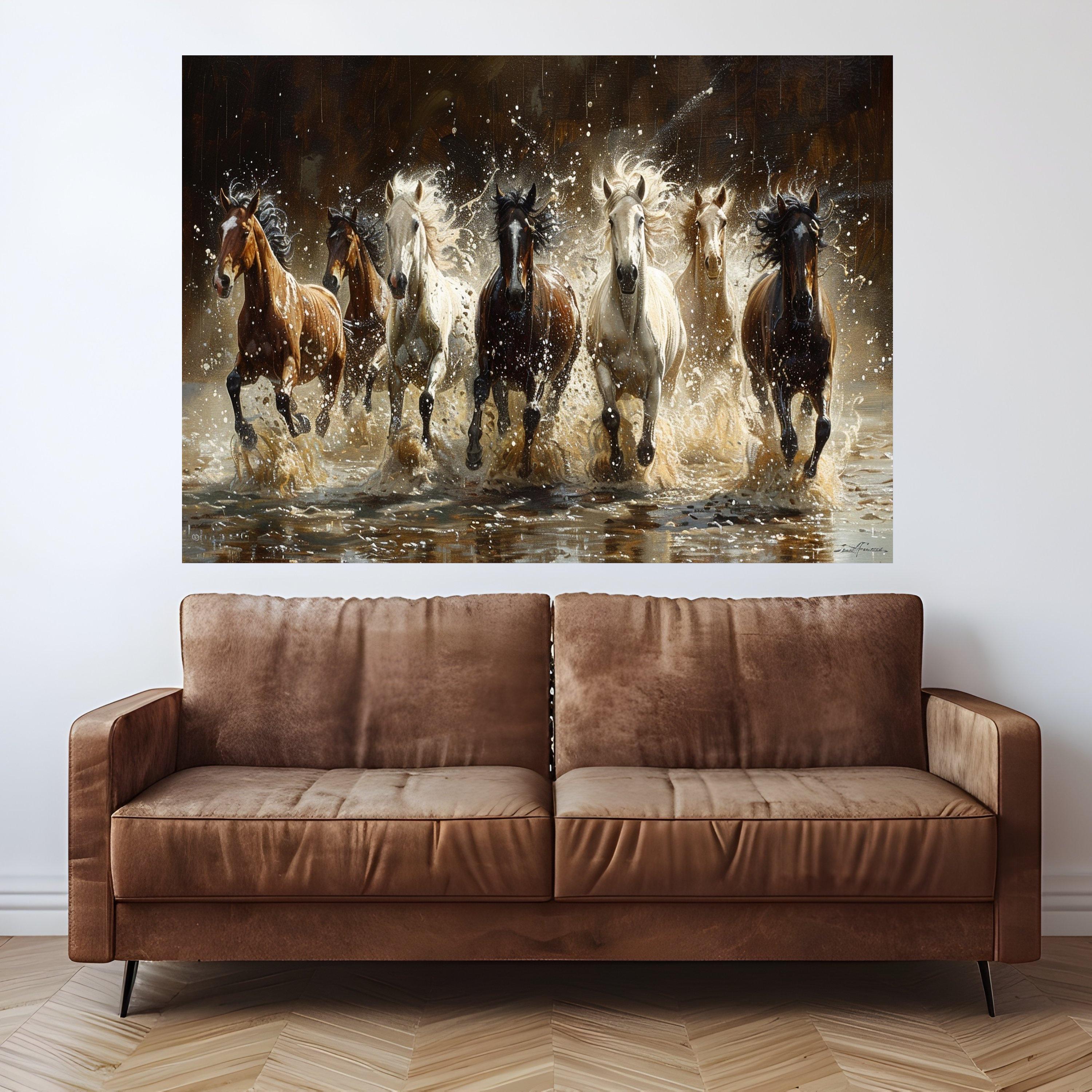 Majestic Wild Horses Running Through Water Canvas, Dynamic Animal Wall Art, Nature Scene Decoration, Equestrian Canvas Wall Decor