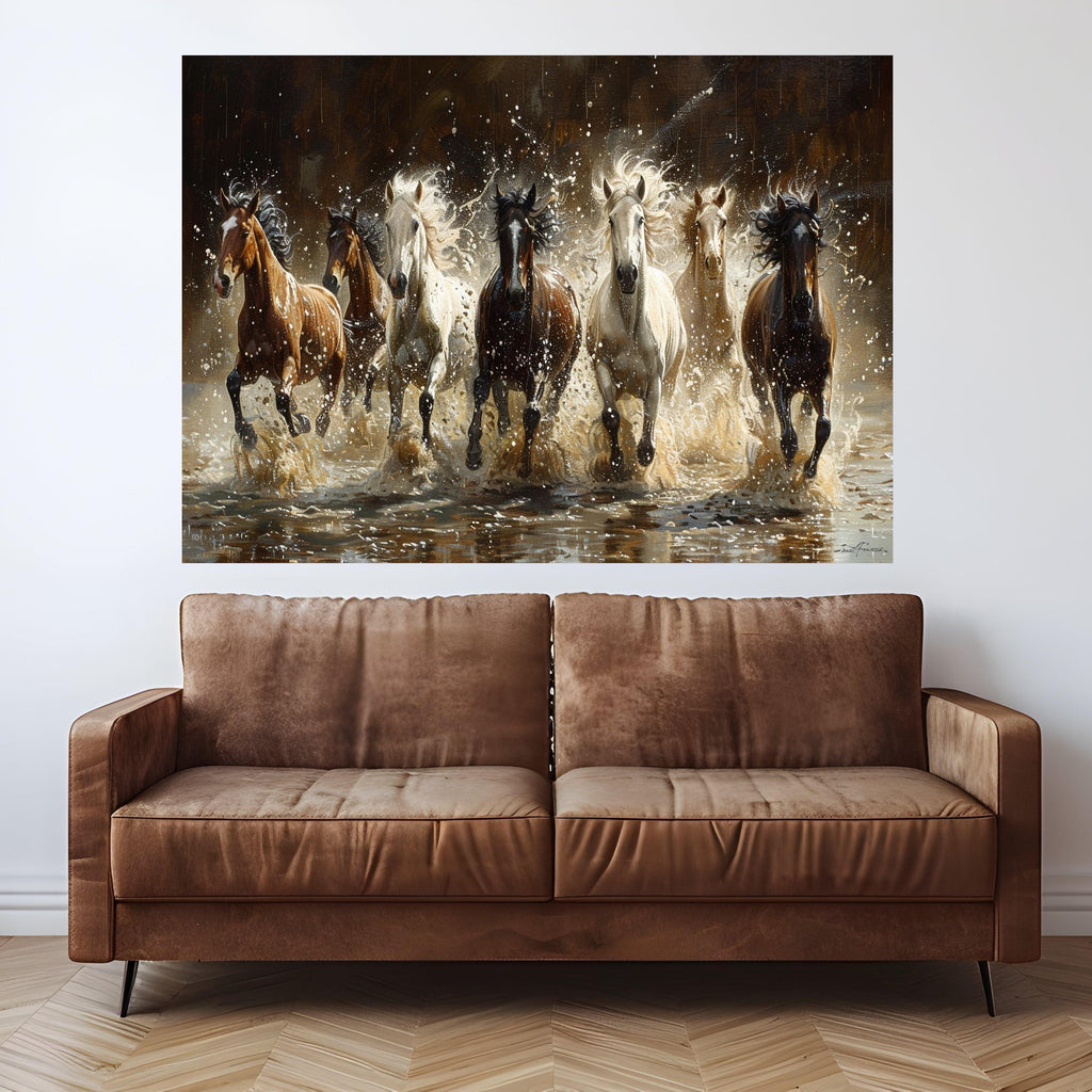 Majestic Wild Horses Running Through Water Canvas, Dynamic Animal Wall Art, Nature Scene Decoration, Equestrian Canvas Wall Decor