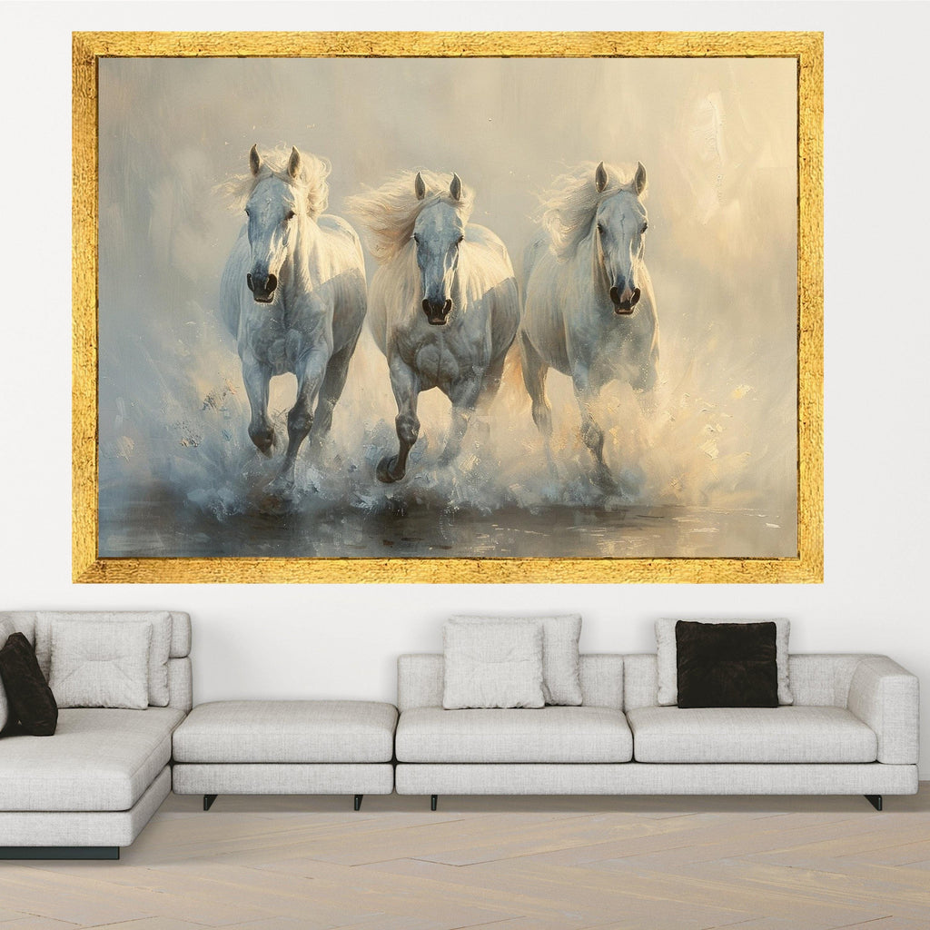Majestic White Horses Running Canvas, Dynamic Animal Wall Art, Nature Scene Canvas, Elegant Home Decoration, Galloping Horse Artwork