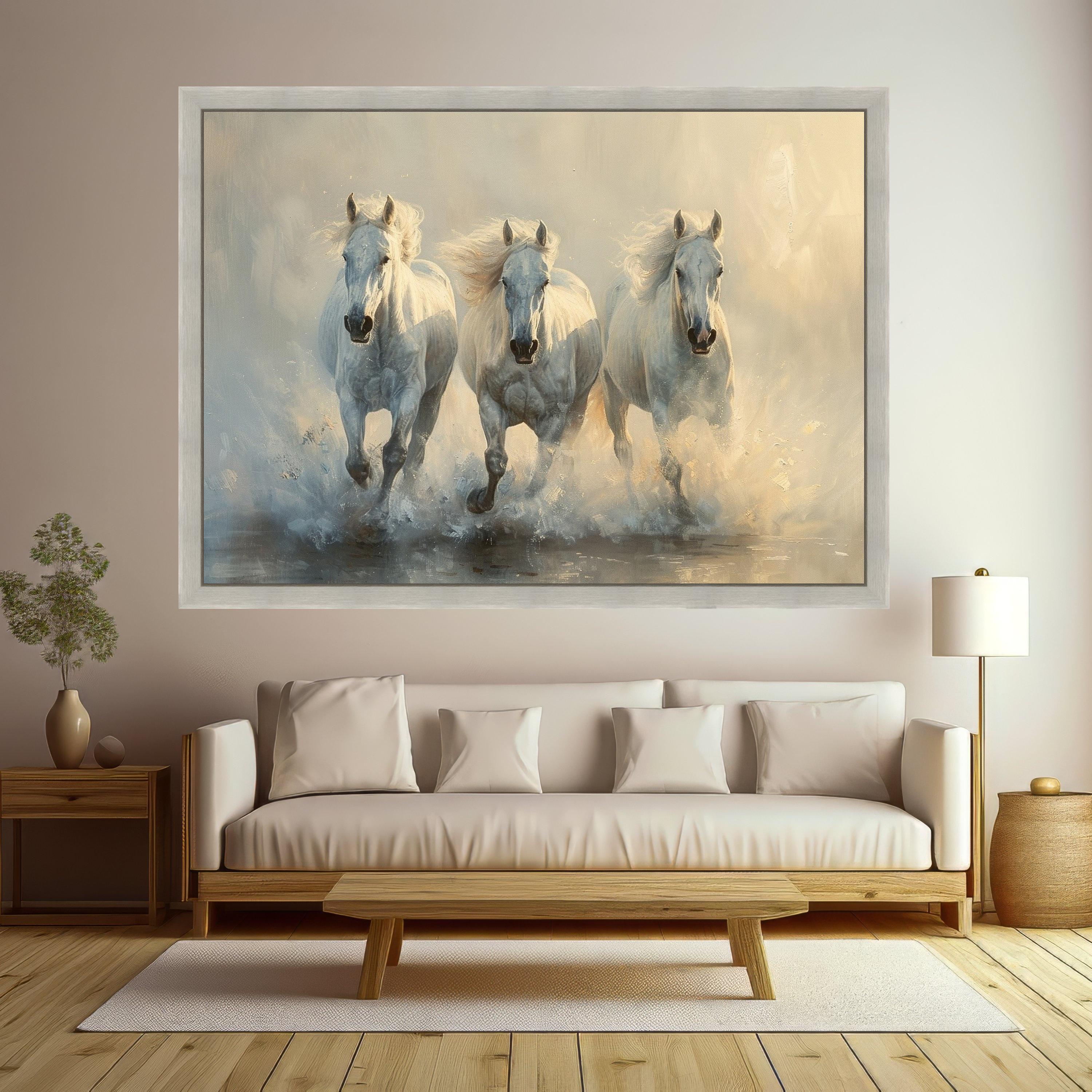 Majestic White Horses Running Canvas, Dynamic Animal Wall Art, Nature Scene Canvas, Elegant Home Decoration, Galloping Horse Artwork