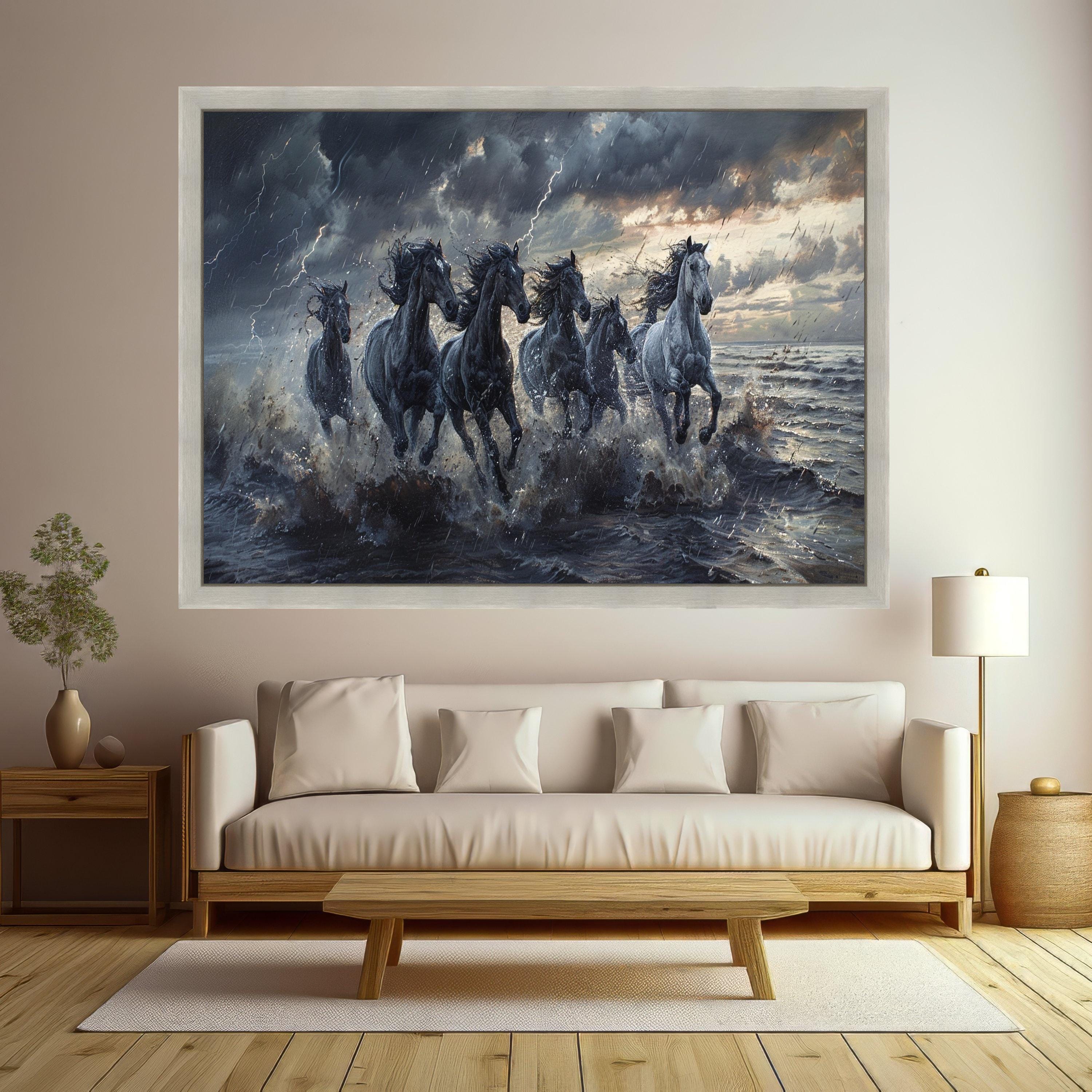 Majestic Wild Horses Running in Stormy Sea Canvas, Dynamic Animal Wall Art, Nature Power Scene, Dramatic Ocean Landscape, Ready to Hang