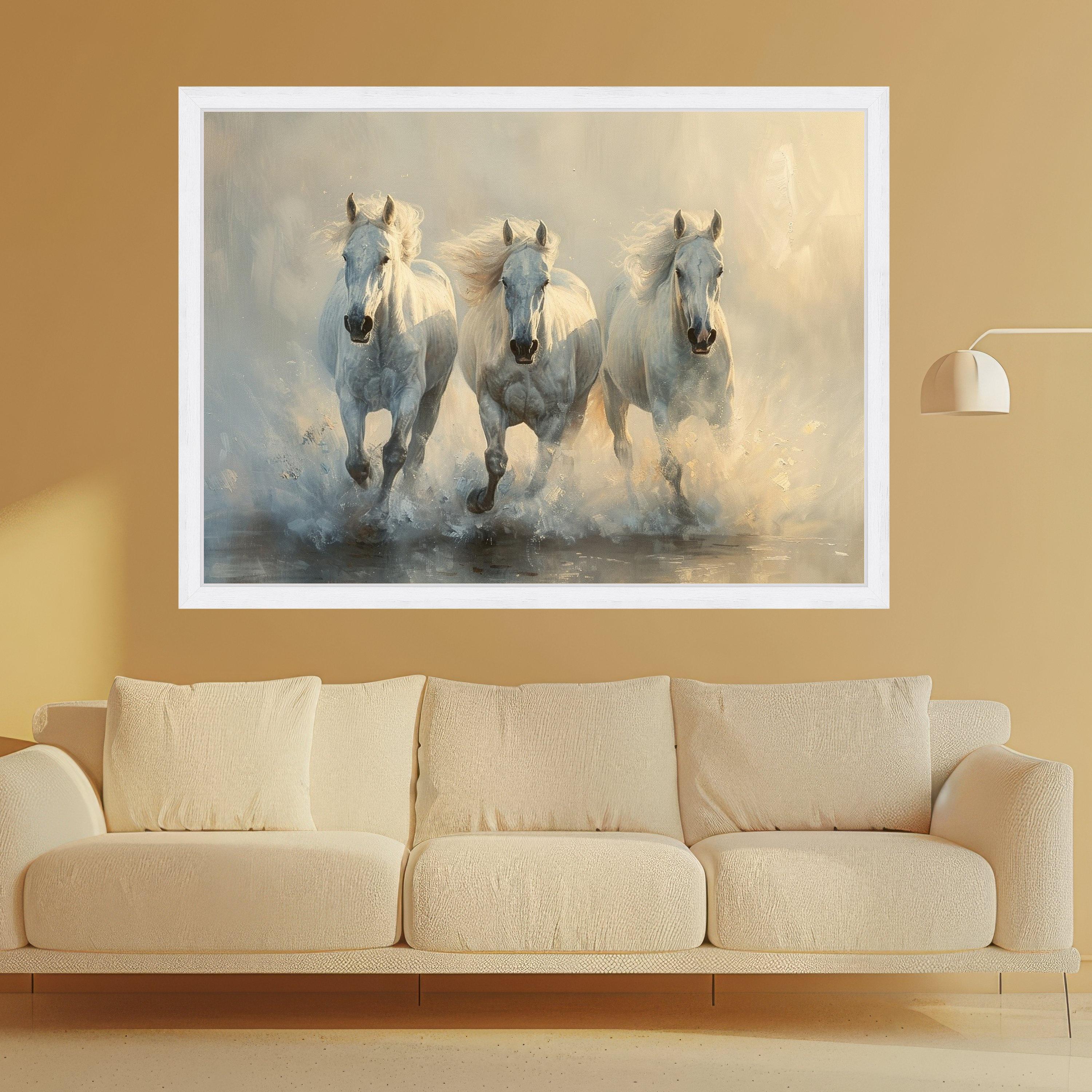 Majestic White Horses Running Canvas, Dynamic Animal Wall Art, Nature Scene Canvas, Elegant Home Decoration, Galloping Horse Artwork