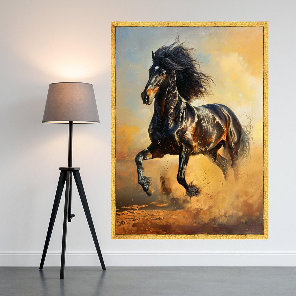 Majestic Black Horse Running Canvas, Wild Animal Wall Art, Equestrian Home Decoration, Dynamic Nature Canvas, Energetic Horse Print