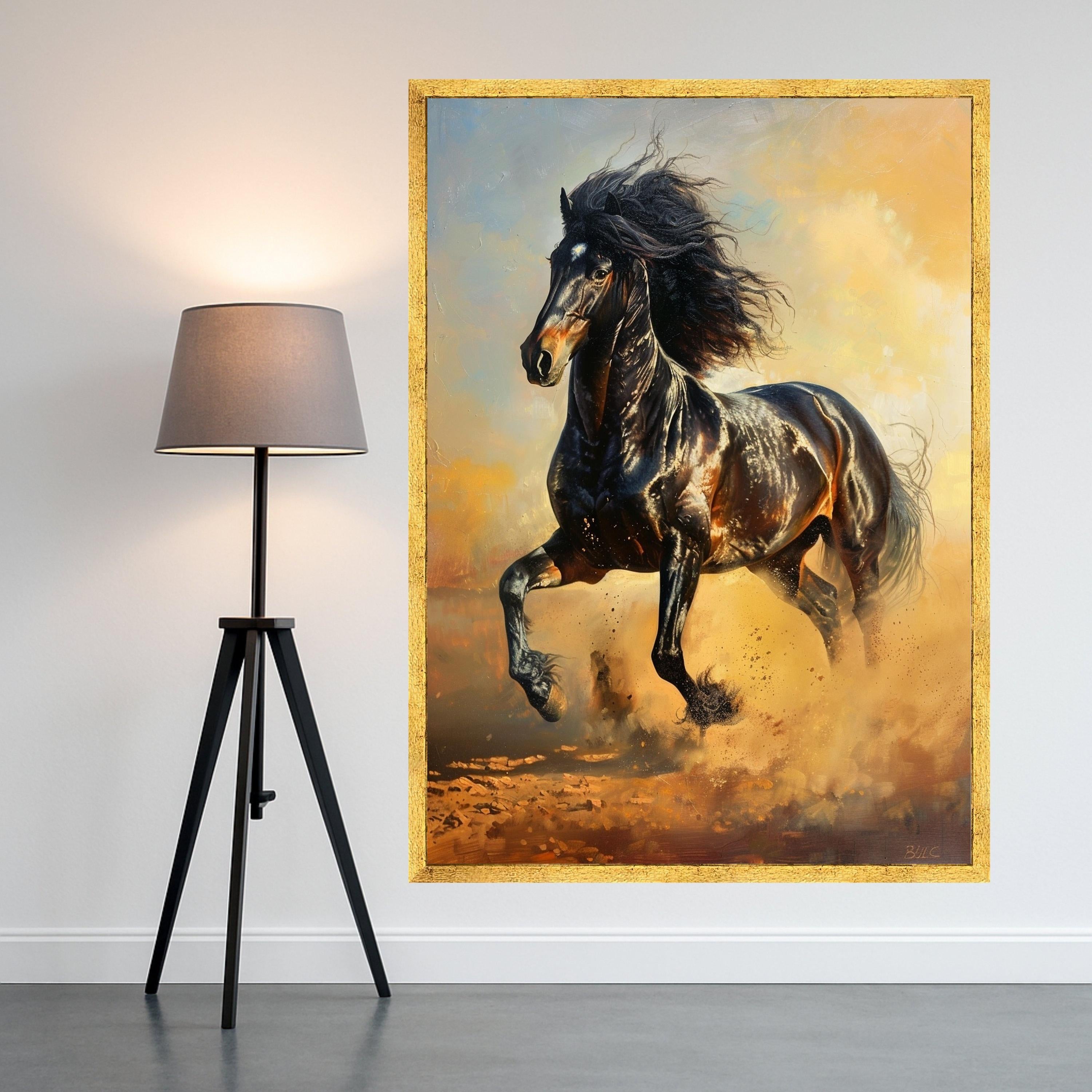 Majestic Black Horse Running Canvas, Wild Animal Wall Art, Equestrian Home Decoration, Dynamic Nature Canvas, Energetic Horse Print