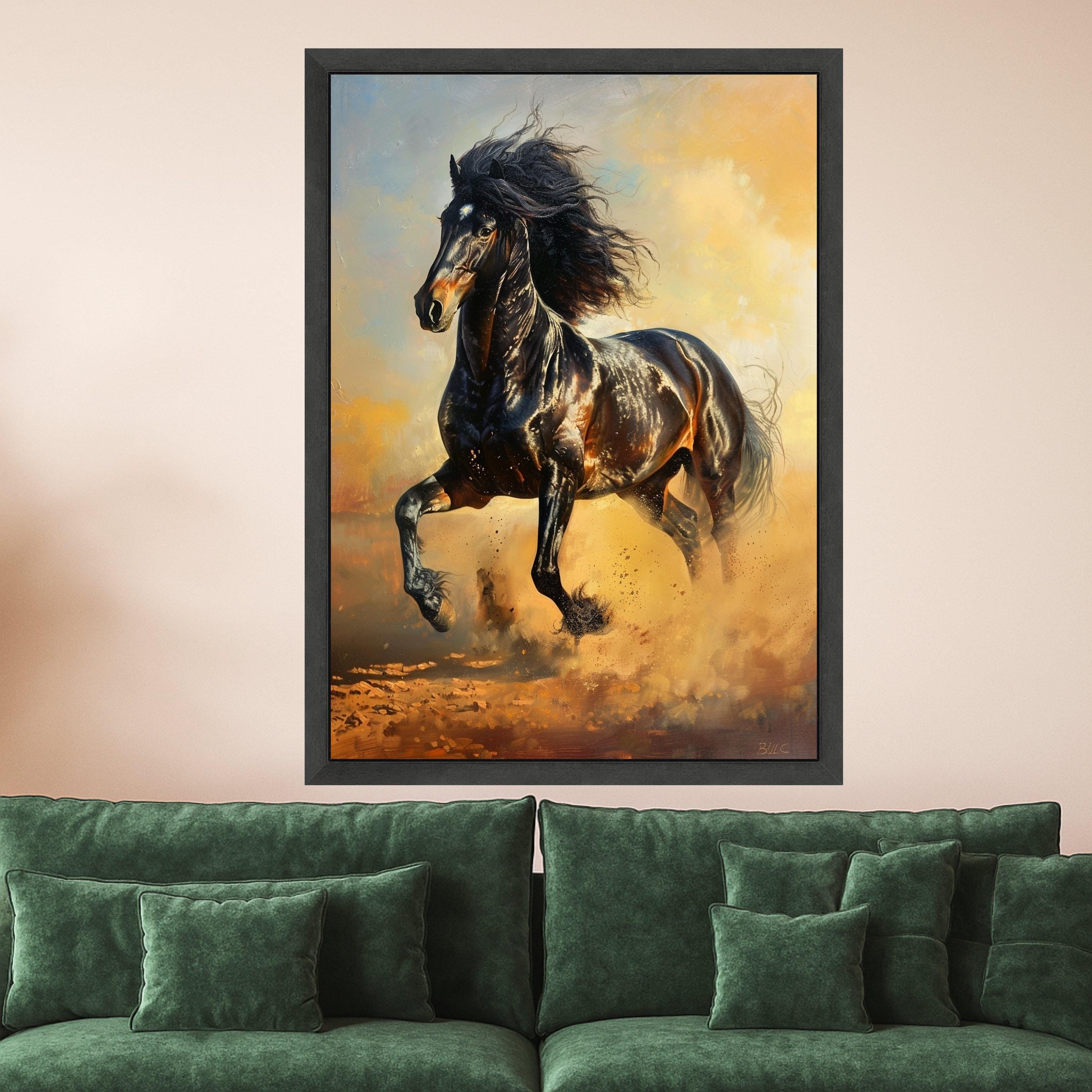 Majestic Black Horse Running Canvas, Wild Animal Wall Art, Equestrian Home Decoration, Dynamic Nature Canvas, Energetic Horse Print
