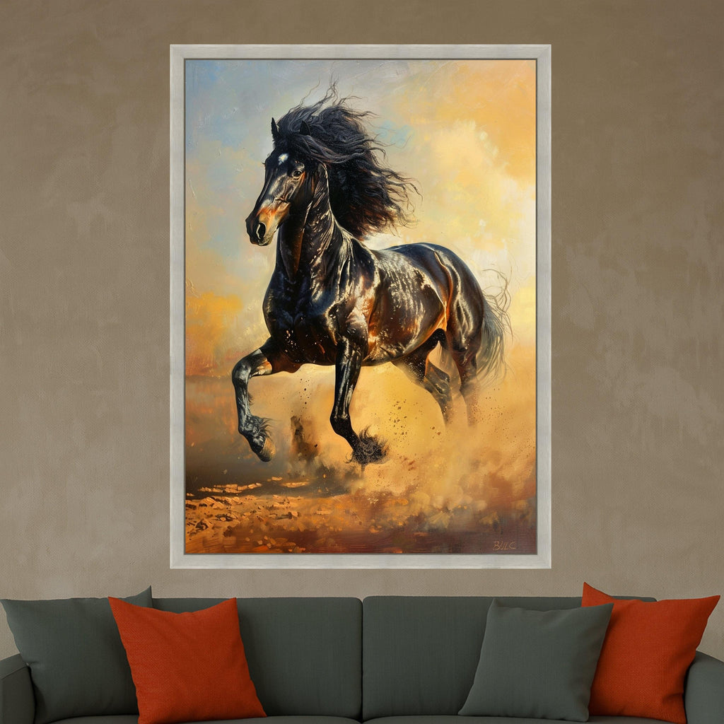 Majestic Black Horse Running Canvas, Wild Animal Wall Art, Equestrian Home Decoration, Dynamic Nature Canvas, Energetic Horse Print