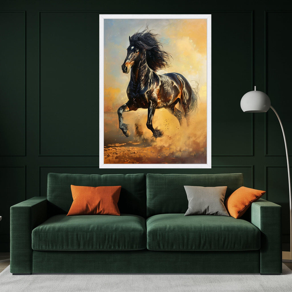 Majestic Black Horse Running Canvas, Wild Animal Wall Art, Equestrian Home Decoration, Dynamic Nature Canvas, Energetic Horse Print
