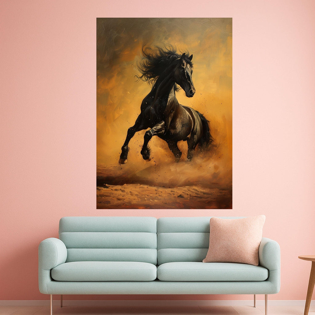 Majestic Black Stallion Art Canvas Wall Art Print Dynamic Running Horse Art Canvas Print Equestrian Wall Art Print Decor