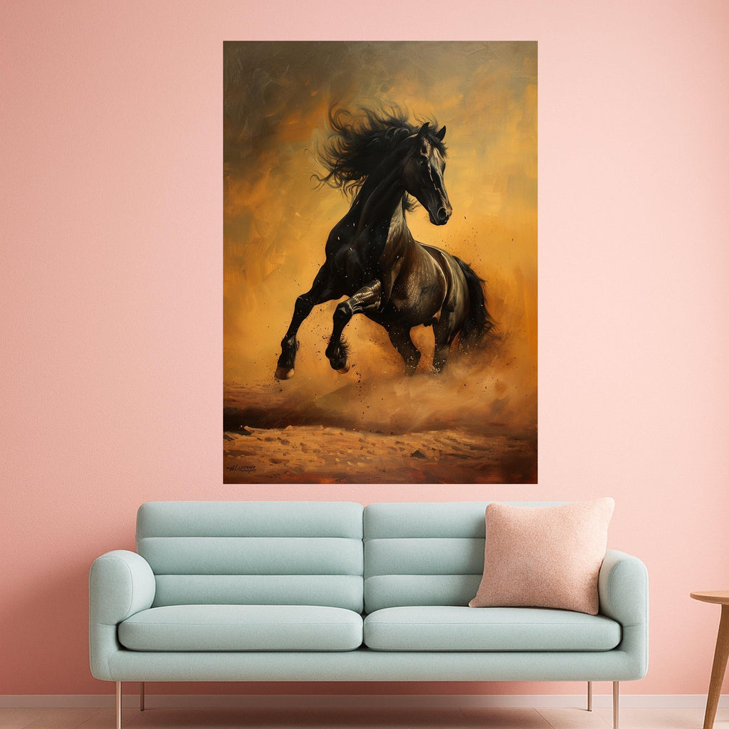 Majestic Black Stallion Art Canvas Wall Art Print Dynamic Running Horse Art Canvas Print Equestrian Wall Art Print Decor