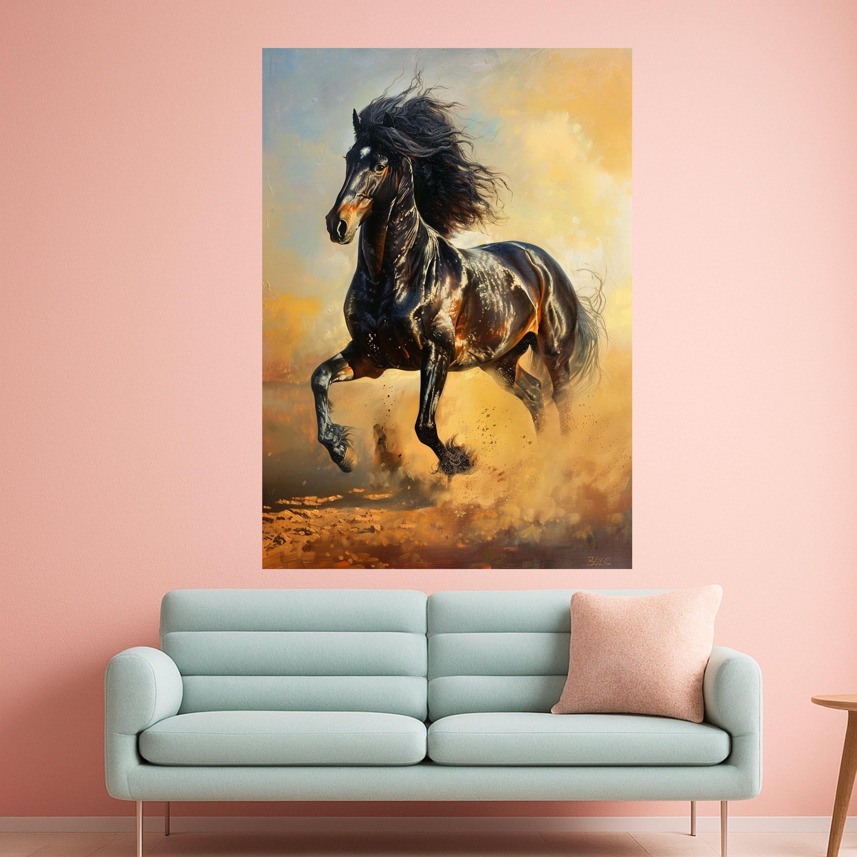Majestic Black Horse Running Canvas, Wild Animal Wall Art, Equestrian Home Decoration, Dynamic Nature Canvas, Energetic Horse Print