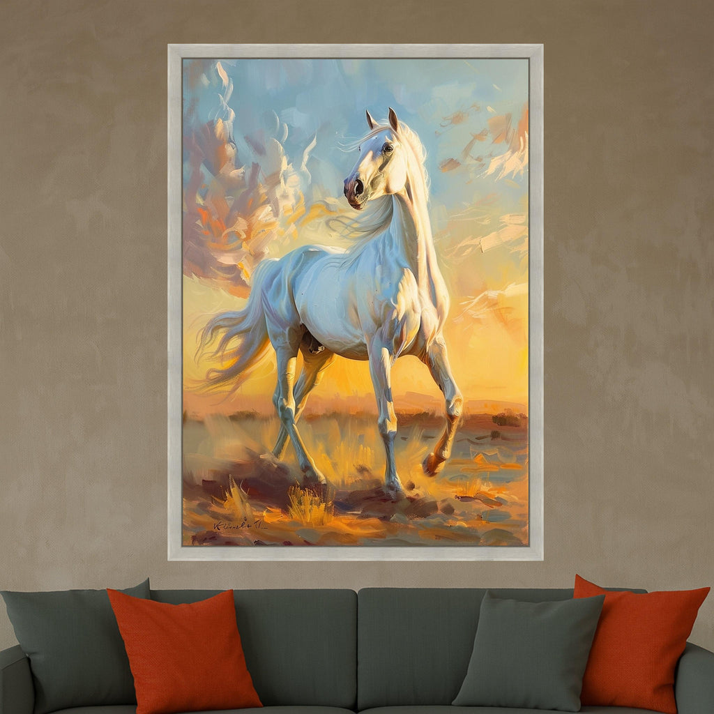 Majestic White Horse Canvas, Running Stallion Wall Art, Elegant Animal Painting, Nature Scene Canvas, Horse Lover Decor, Sunset Landscape