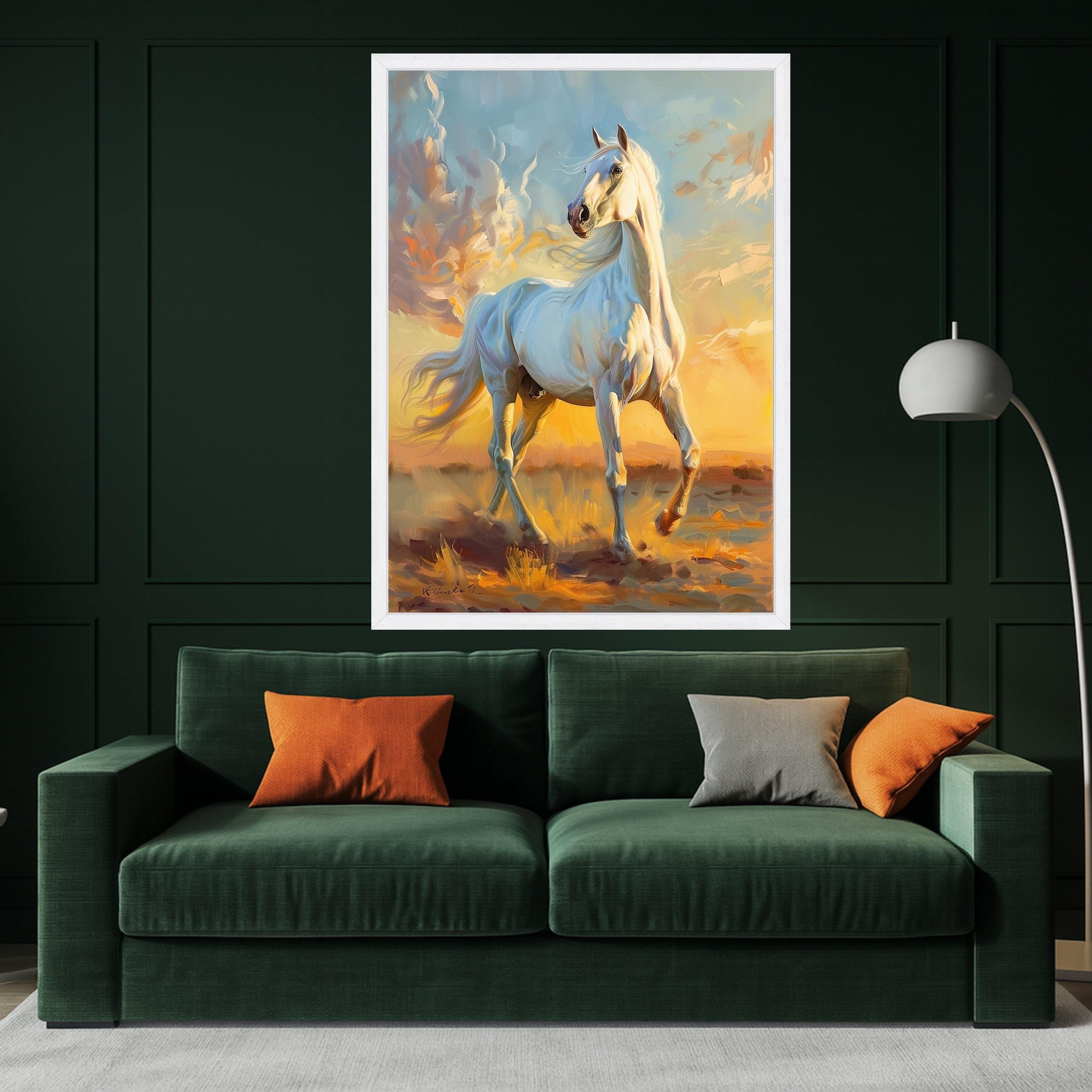 Majestic White Horse Canvas, Running Stallion Wall Art, Elegant Animal Painting, Nature Scene Canvas, Horse Lover Decor, Sunset Landscape