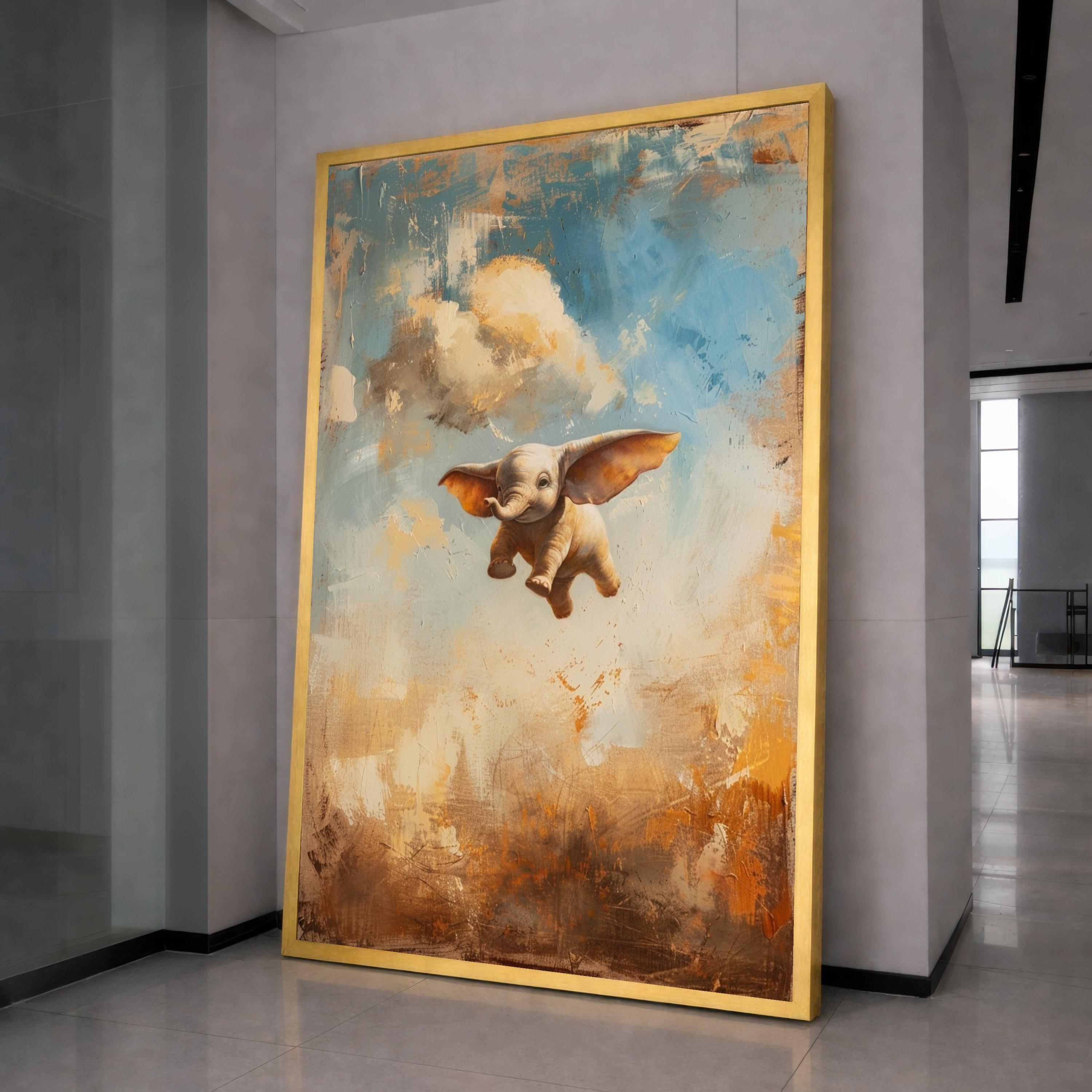 Flying Baby Elephant Canvas Wall Art, Whimsical Animal Painting, Fantasy Nursery Decor, Kids Room Wall Art, Colorful Abstract Background