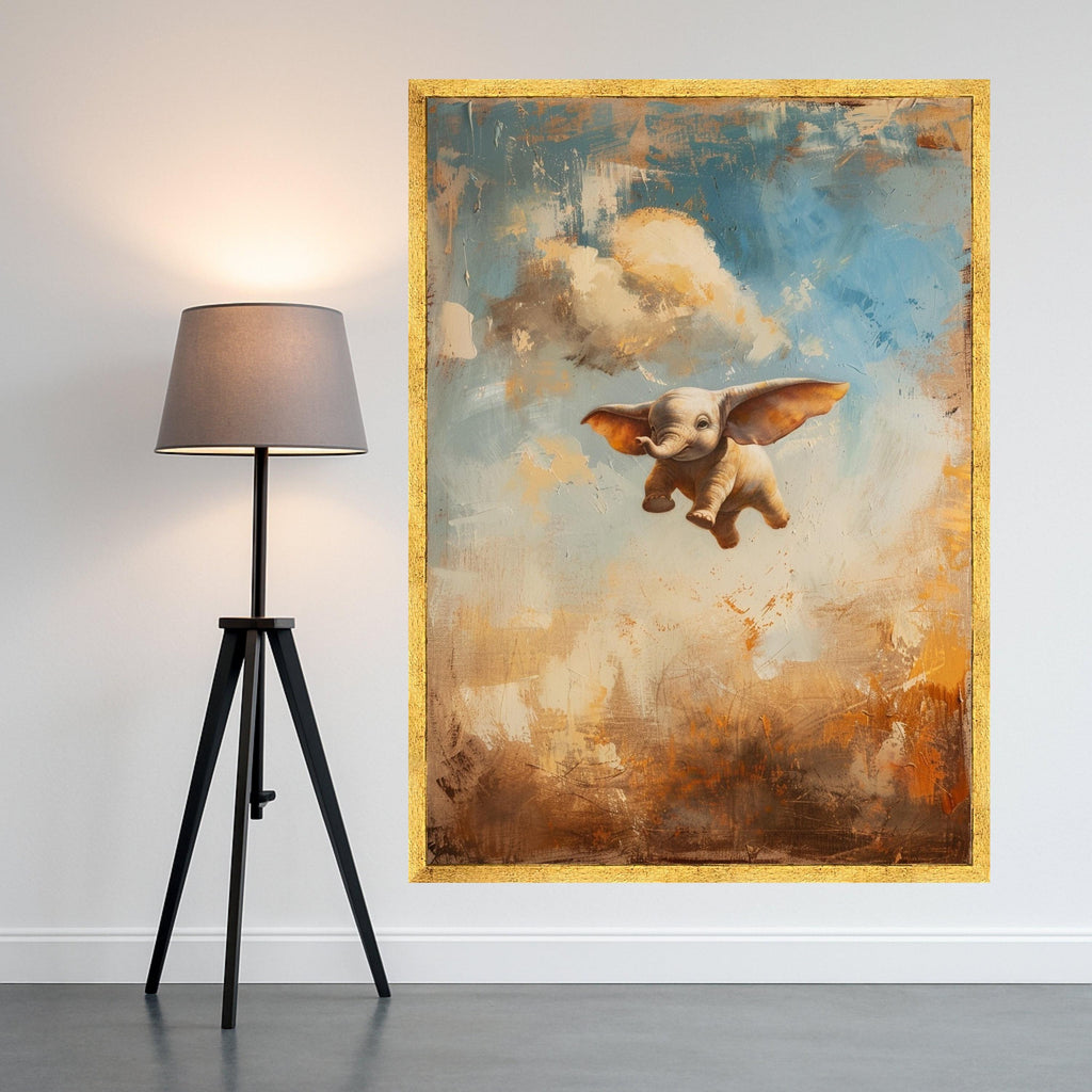 Flying Baby Elephant Canvas Wall Art, Whimsical Animal Painting, Fantasy Nursery Decor, Kids Room Wall Art, Colorful Abstract Background