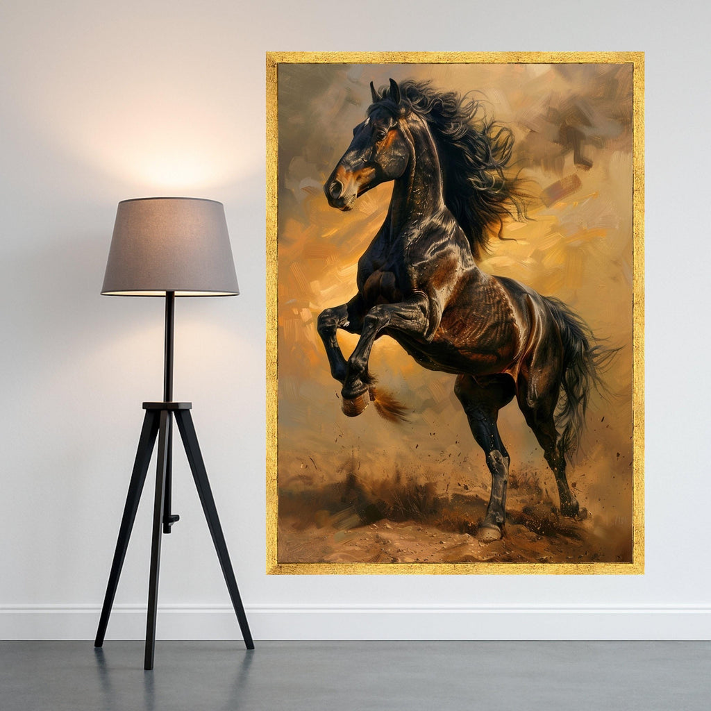 Majestic Black Stallion Canvas, Galloping Horse Wall Art, Dynamic Equestrian Canvas, Rustic Farmhouse Decoration, Ready to Hang Artwork
