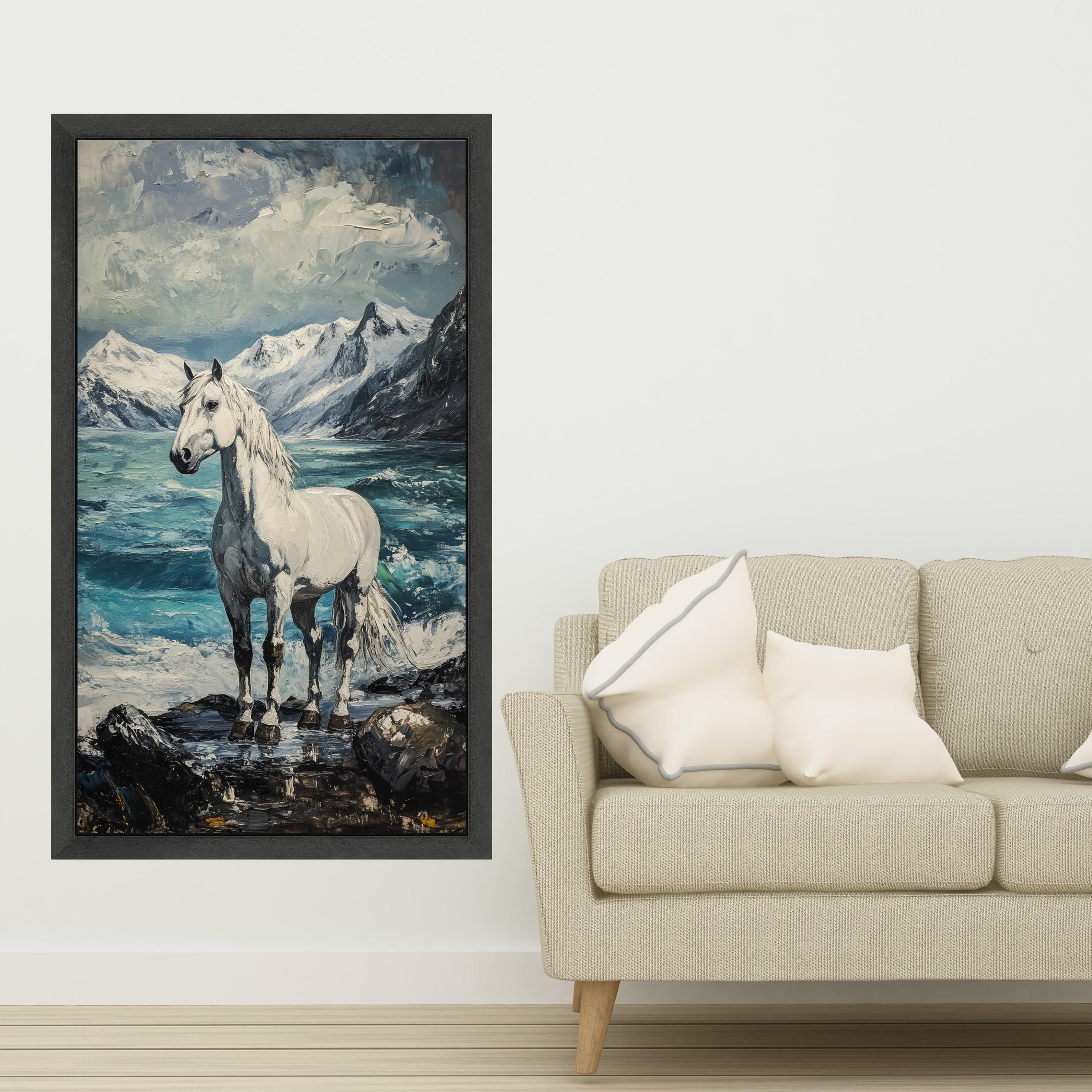 Majestic White Horse Canvas, Snowy Mountain Landscape Art, Ocean Shore Scene, Nature Animal Canvas, Coastal Wall Decor, Ready to Hang