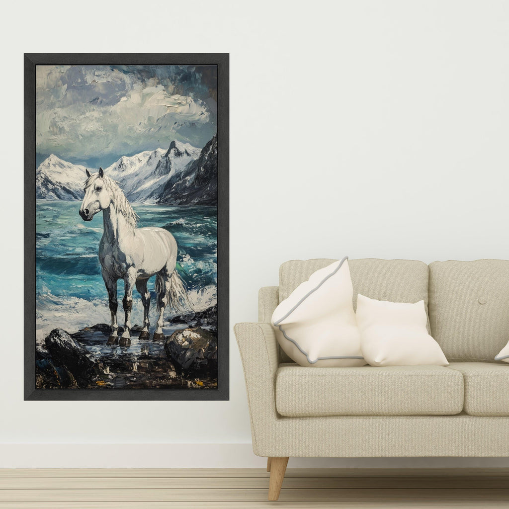 Majestic White Horse Canvas, Snowy Mountain Landscape Art, Ocean Shore Scene, Nature Animal Canvas, Coastal Wall Decor, Ready to Hang