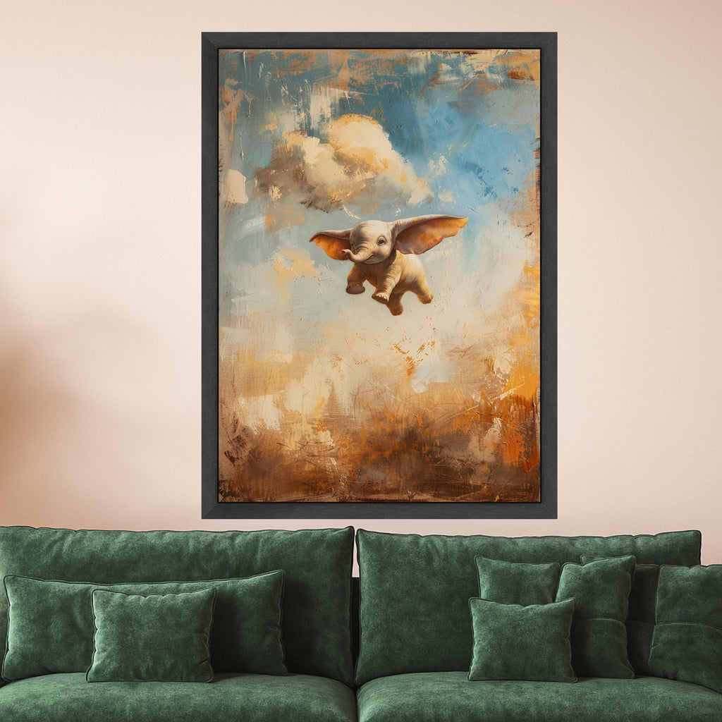 Flying Baby Elephant Canvas Wall Art, Whimsical Animal Painting, Fantasy Nursery Decor, Kids Room Wall Art, Colorful Abstract Background