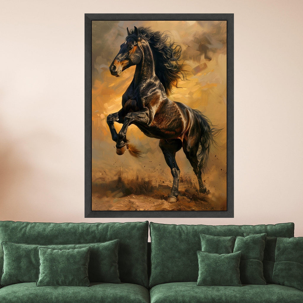 Majestic Black Stallion Canvas, Galloping Horse Wall Art, Dynamic Equestrian Canvas, Rustic Farmhouse Decoration, Ready to Hang Artwork