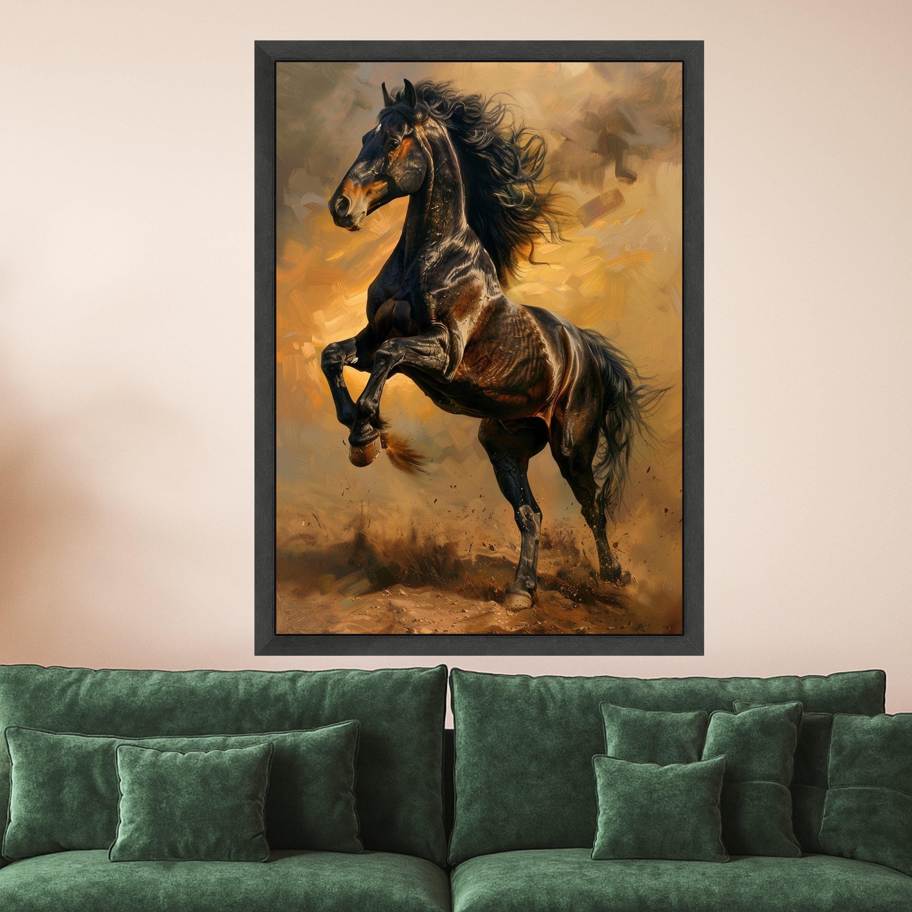 Majestic Black Stallion Canvas, Galloping Horse Wall Art, Dynamic Equestrian Canvas, Rustic Farmhouse Decoration, Ready to Hang Artwork