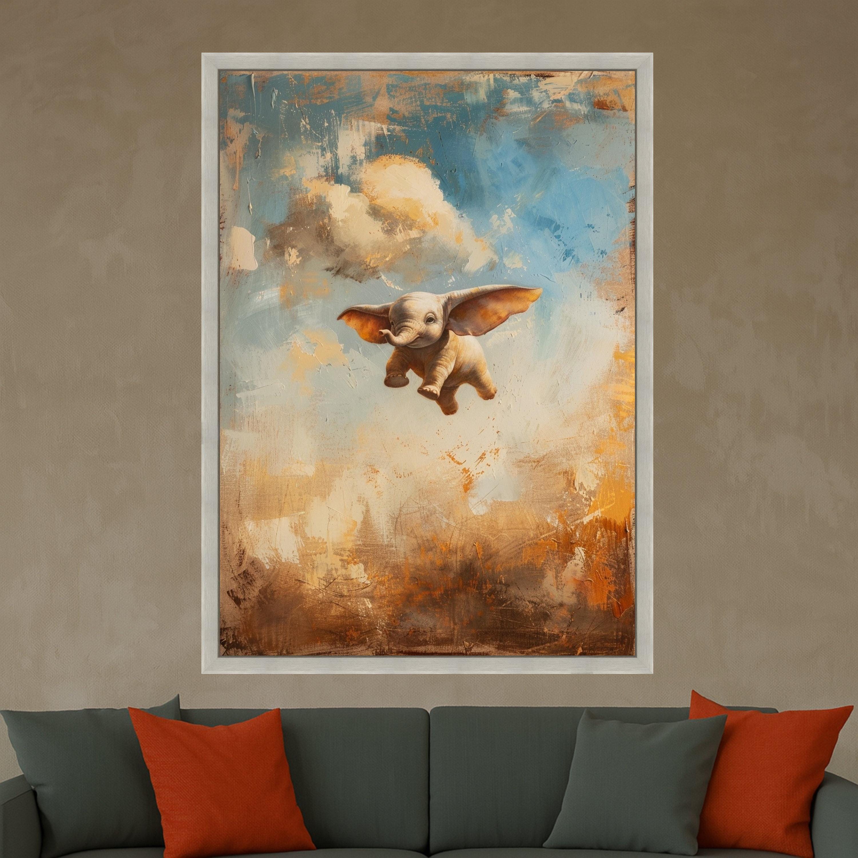 Flying Baby Elephant Canvas Wall Art, Whimsical Animal Painting, Fantasy Nursery Decor, Kids Room Wall Art, Colorful Abstract Background