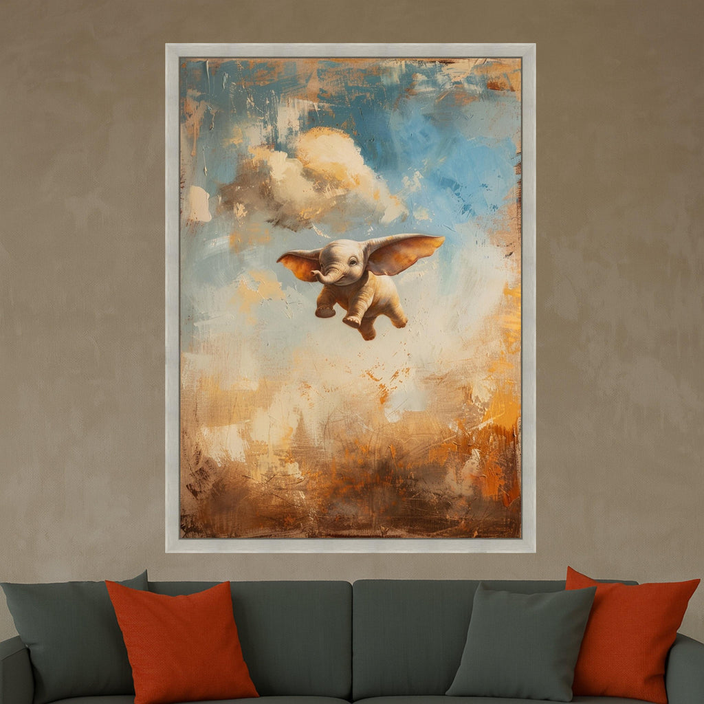 Flying Baby Elephant Canvas Wall Art, Whimsical Animal Painting, Fantasy Nursery Decor, Kids Room Wall Art, Colorful Abstract Background