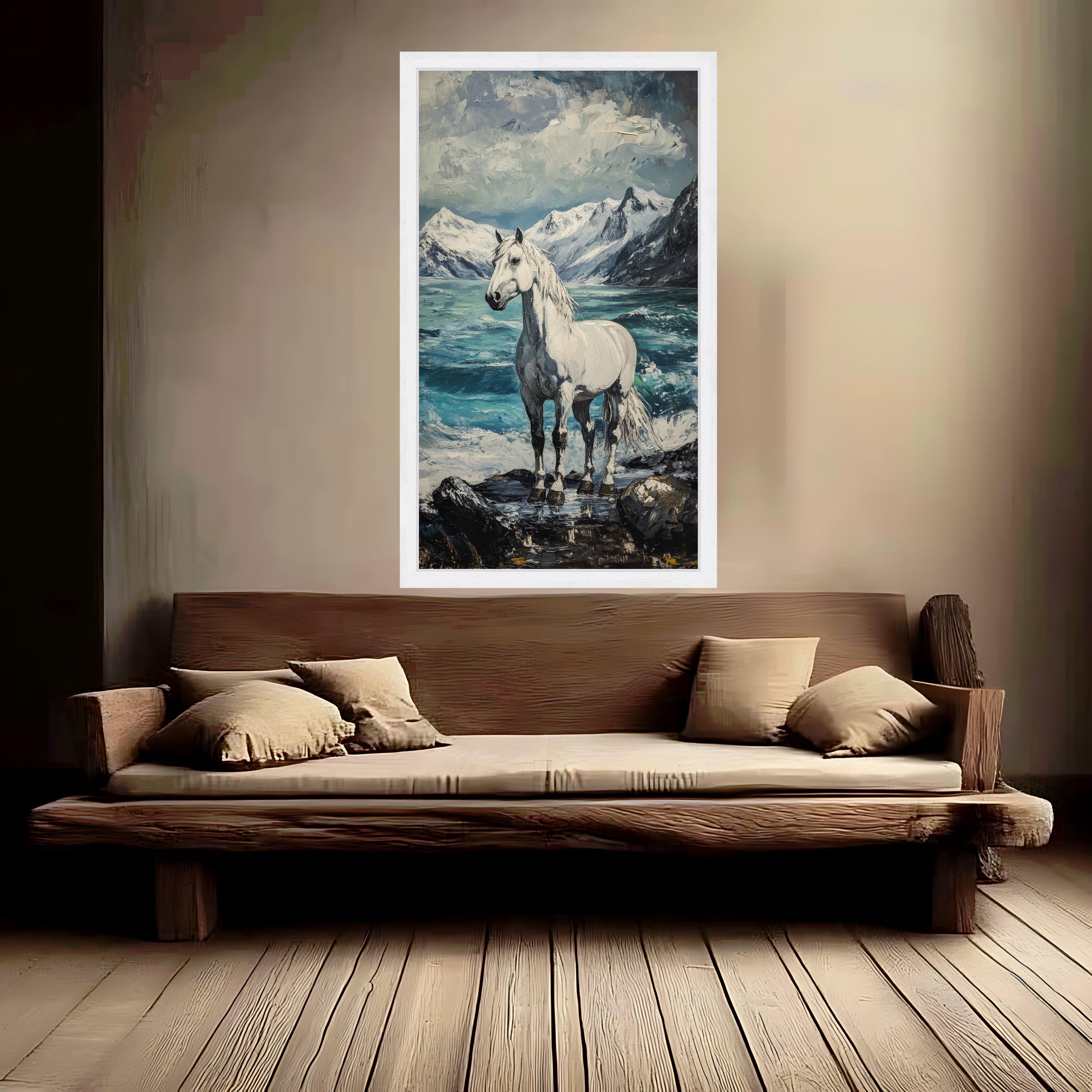 Majestic White Horse Canvas, Snowy Mountain Landscape Art, Ocean Shore Scene, Nature Animal Canvas, Coastal Wall Decor, Ready to Hang