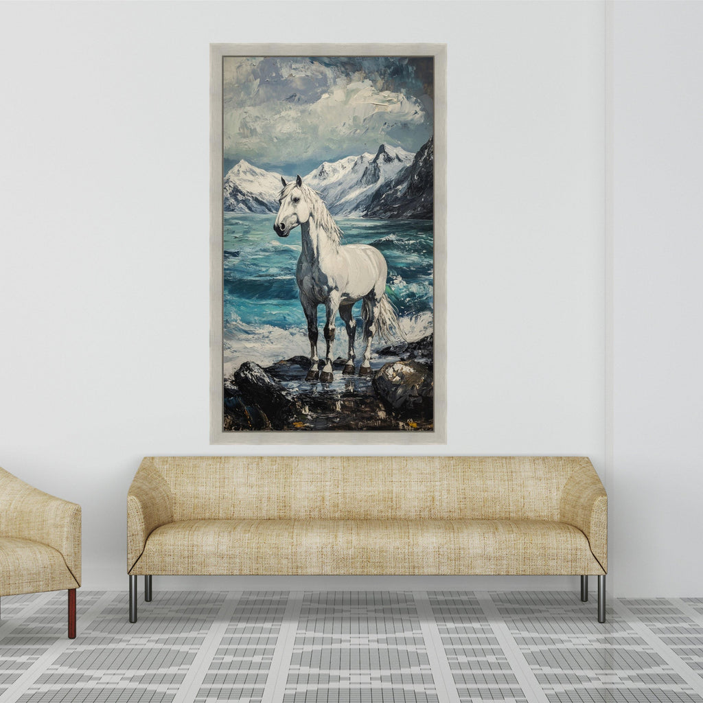 Majestic White Horse Canvas, Snowy Mountain Landscape Art, Ocean Shore Scene, Nature Animal Canvas, Coastal Wall Decor, Ready to Hang