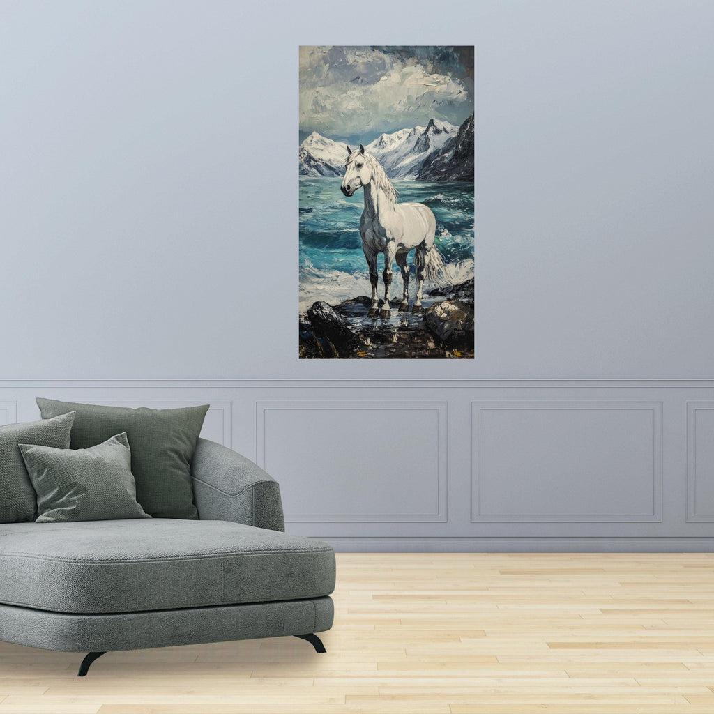 Majestic White Horse Canvas, Snowy Mountain Landscape Art, Ocean Shore Scene, Nature Animal Canvas, Coastal Wall Decor, Ready to Hang
