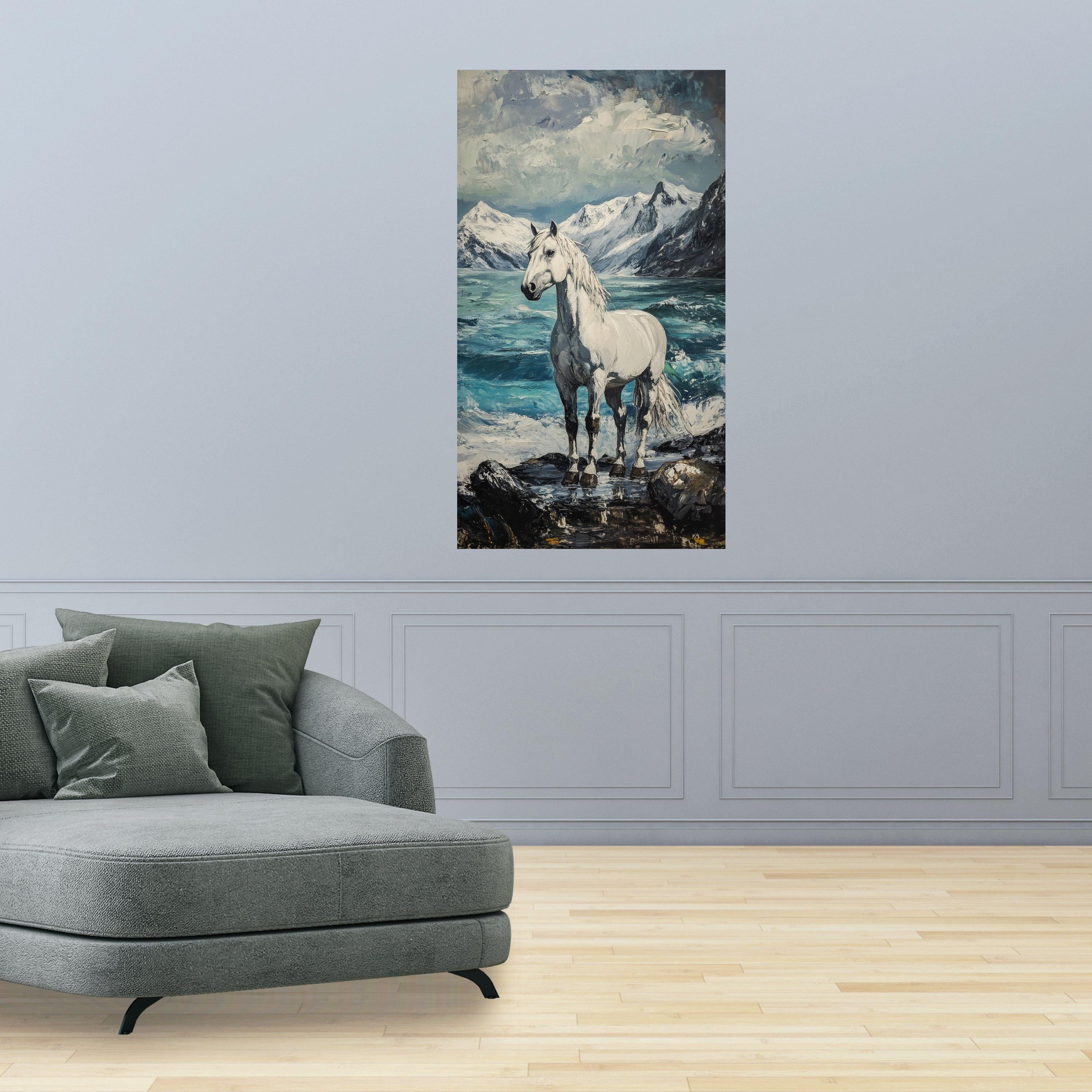 Majestic White Horse Canvas, Snowy Mountain Landscape Art, Ocean Shore Scene, Nature Animal Canvas, Coastal Wall Decor, Ready to Hang
