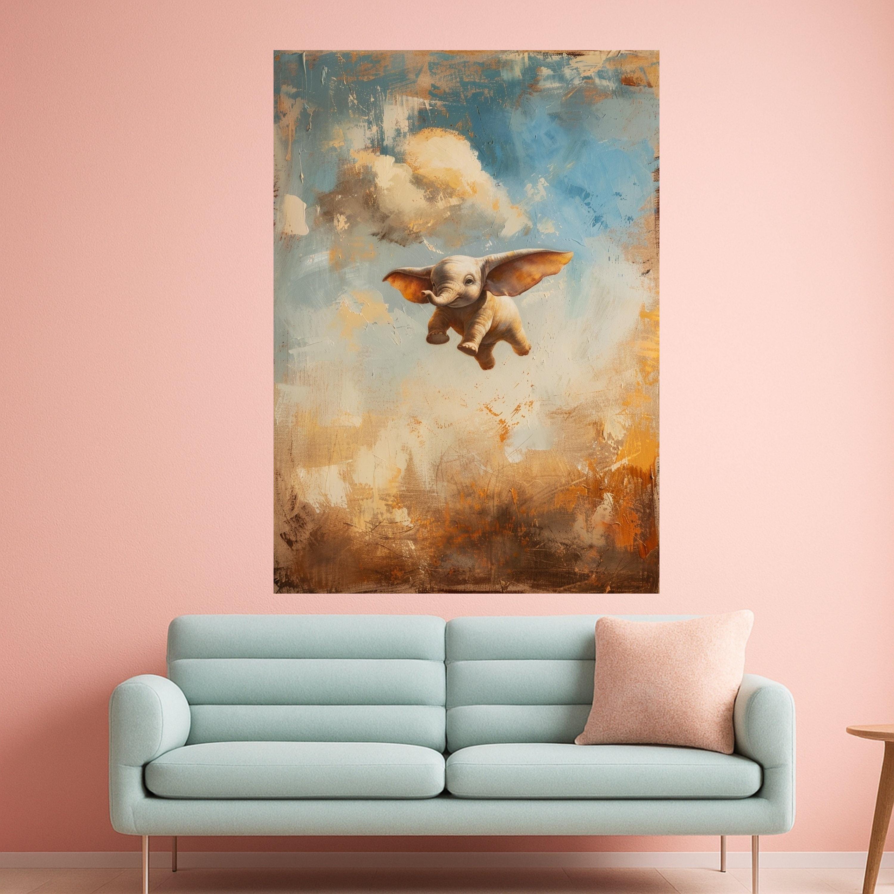 Flying Baby Elephant Canvas Wall Art, Whimsical Animal Painting, Fantasy Nursery Decor, Kids Room Wall Art, Colorful Abstract Background