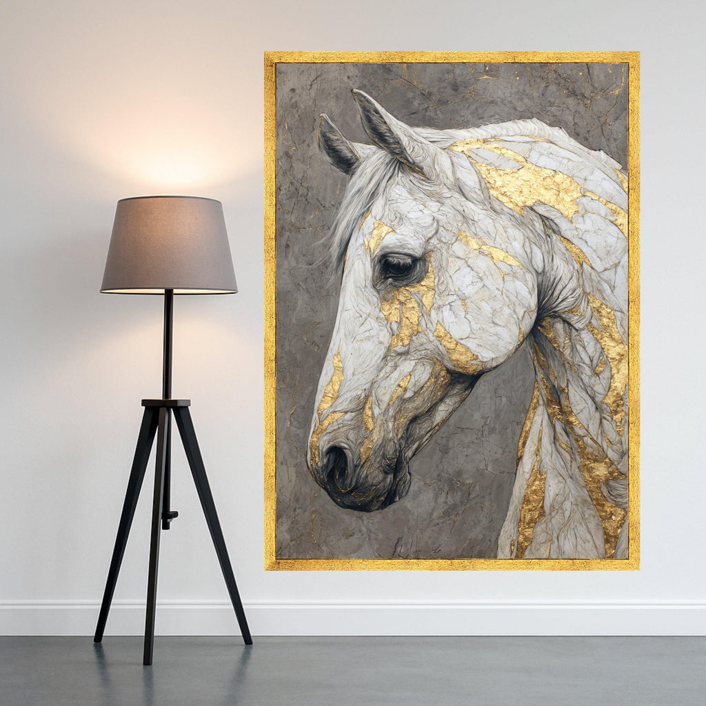 Elegant White Horse Canvas, Gold Accent Wall Art, Animal Portrait Print, Modern Home Decor, Framed Canvas Art