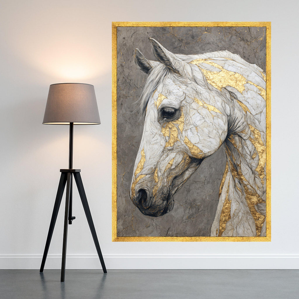 Elegant White Horse Canvas, Gold Accent Wall Art, Animal Portrait Print, Modern Home Decor, Framed Canvas Art