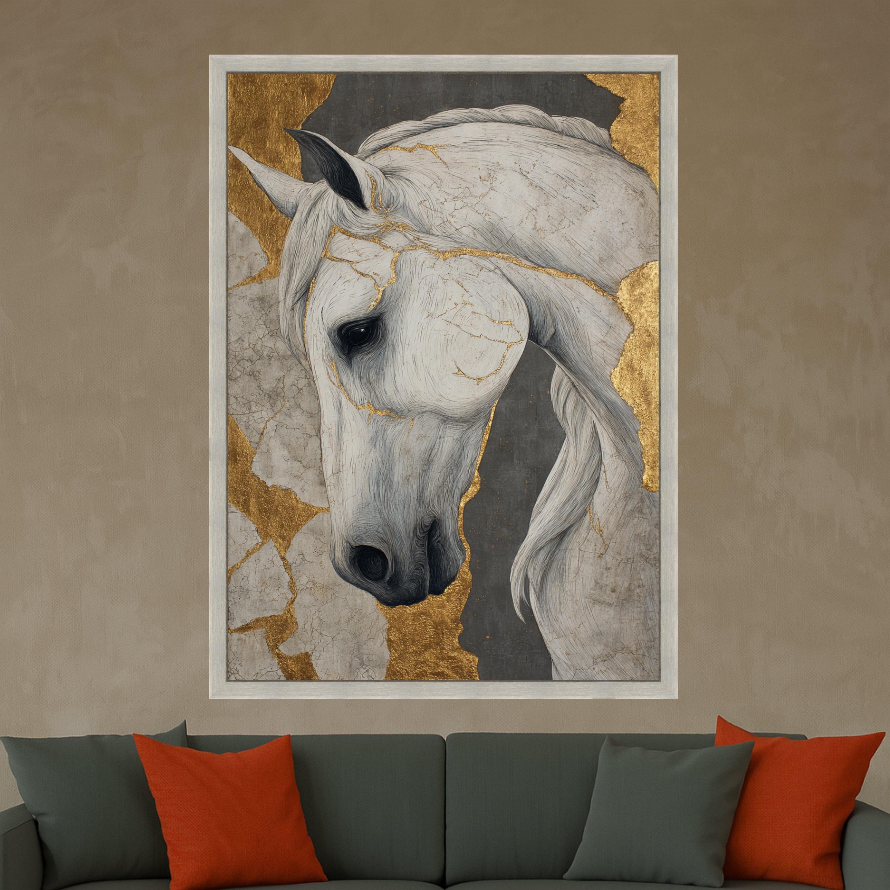 Elegant White Horse Canvas, Gold Leaf Accent, Animal Wall Art, Modern Home Decor, Framed Print Design
