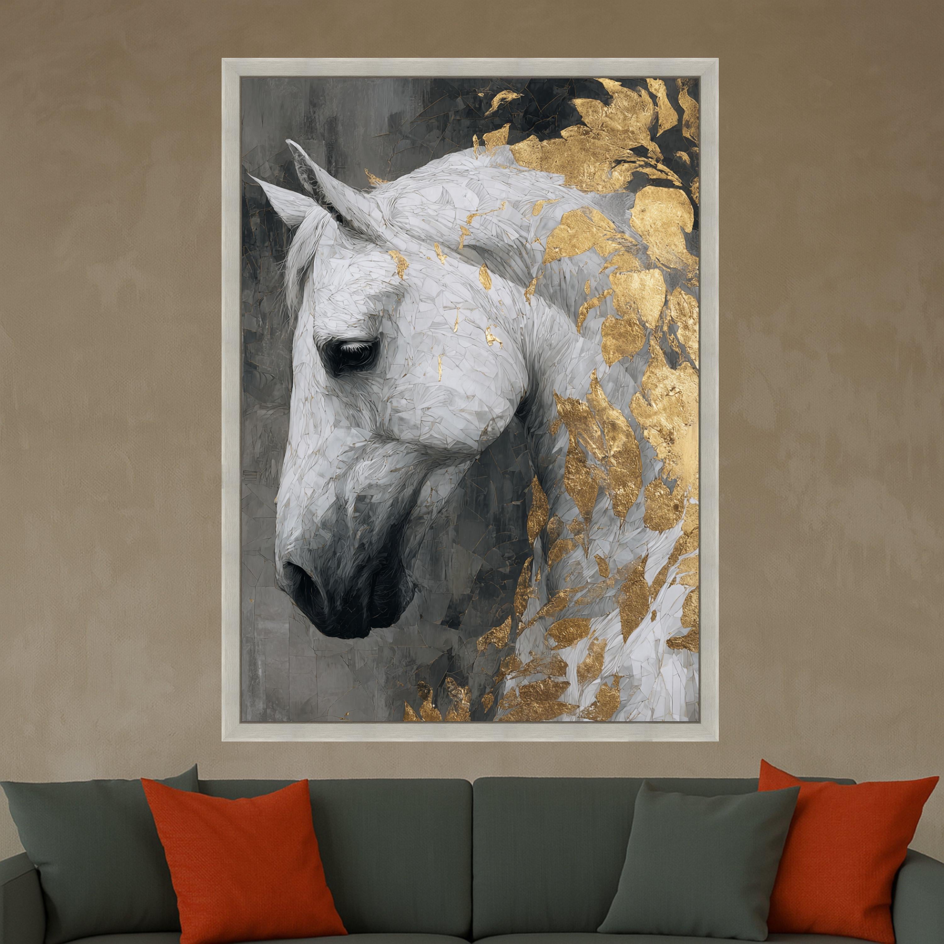Majestic White Horse, Gold Leaf Canvas, Framed Wall Art, Elegant Animal Print, Modern Home Decor