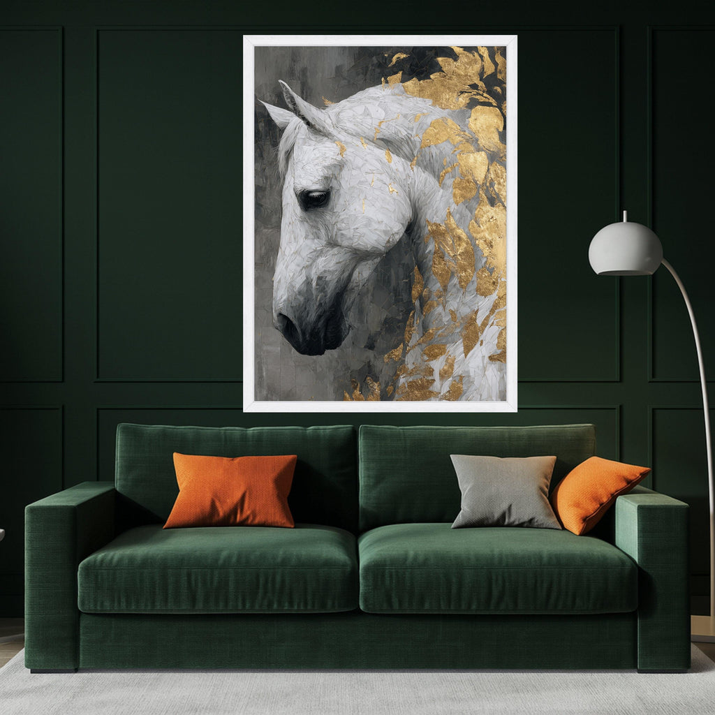 Majestic White Horse, Gold Leaf Canvas, Framed Wall Art, Elegant Animal Print, Modern Home Decor