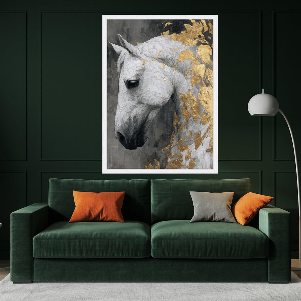 Majestic White Horse, Gold Leaf Canvas, Framed Wall Art, Elegant Animal Print, Modern Home Decor