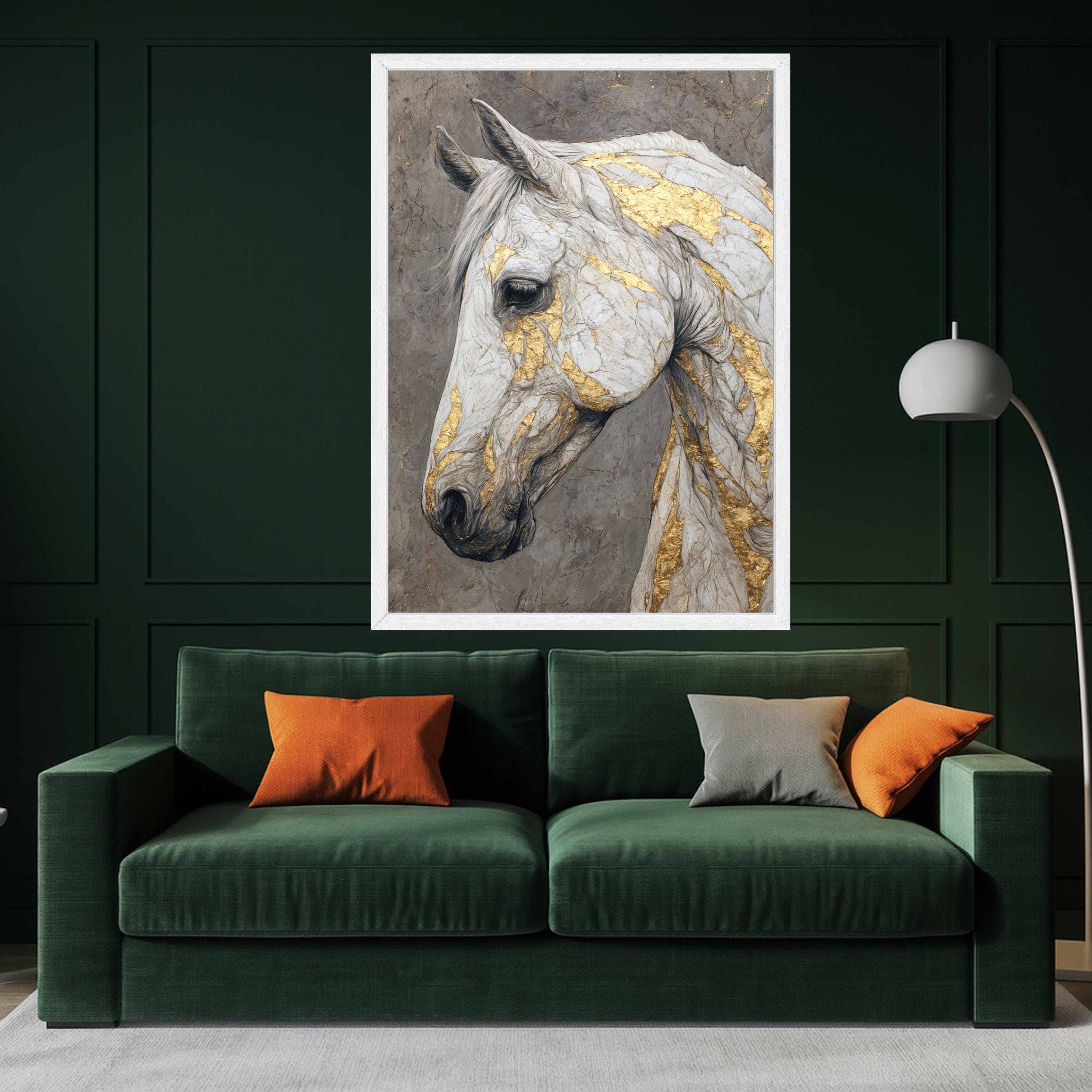 Elegant White Horse Canvas, Gold Accent Wall Art, Animal Portrait Print, Modern Home Decor, Framed Canvas Art