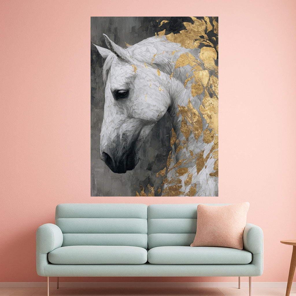 Majestic White Horse, Gold Leaf Canvas, Framed Wall Art, Elegant Animal Print, Modern Home Decor