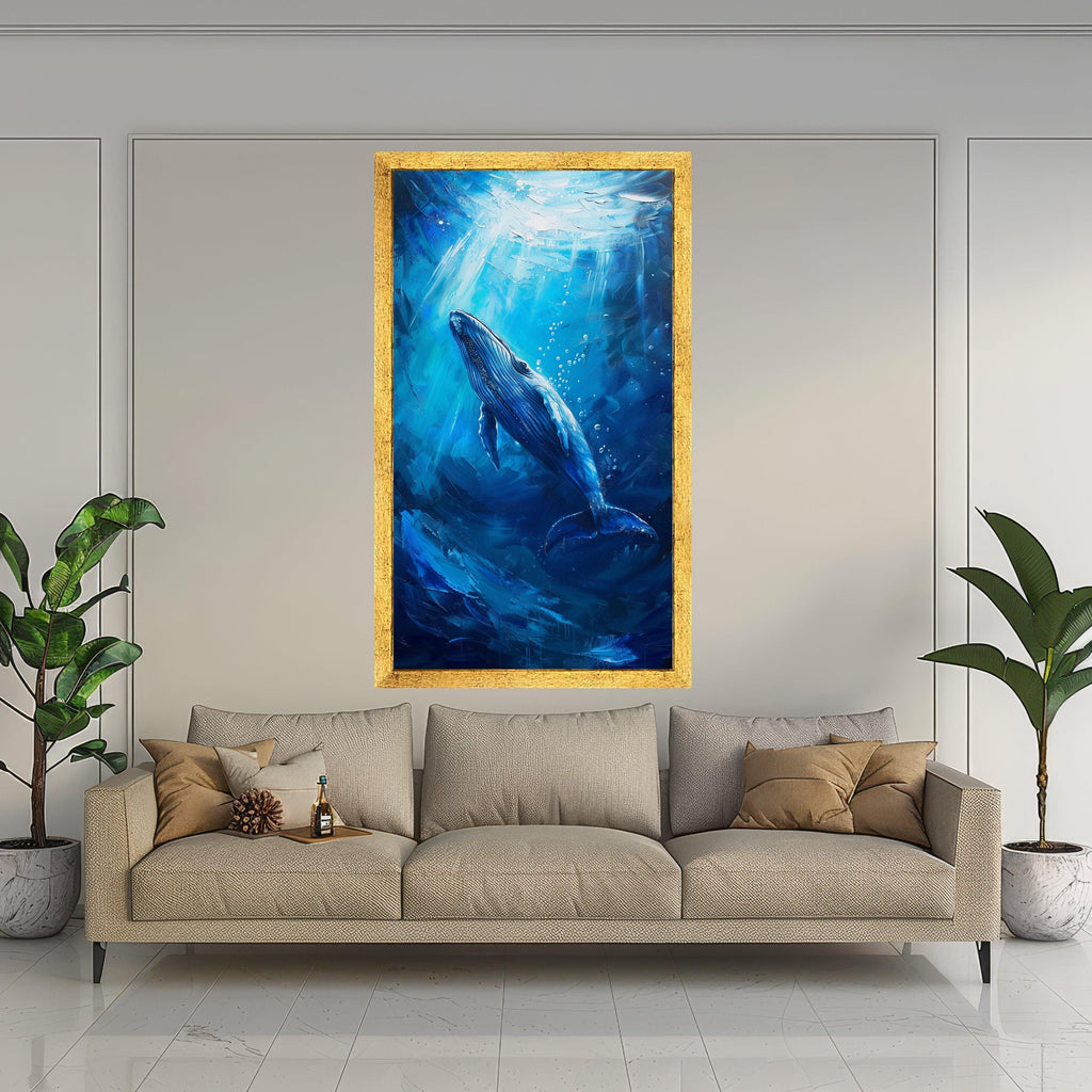 Majestic Blue Whale, Ocean Depths Canvas, Marine Life Wall Art, Sea Creature Print, Framed Ocean Decor
