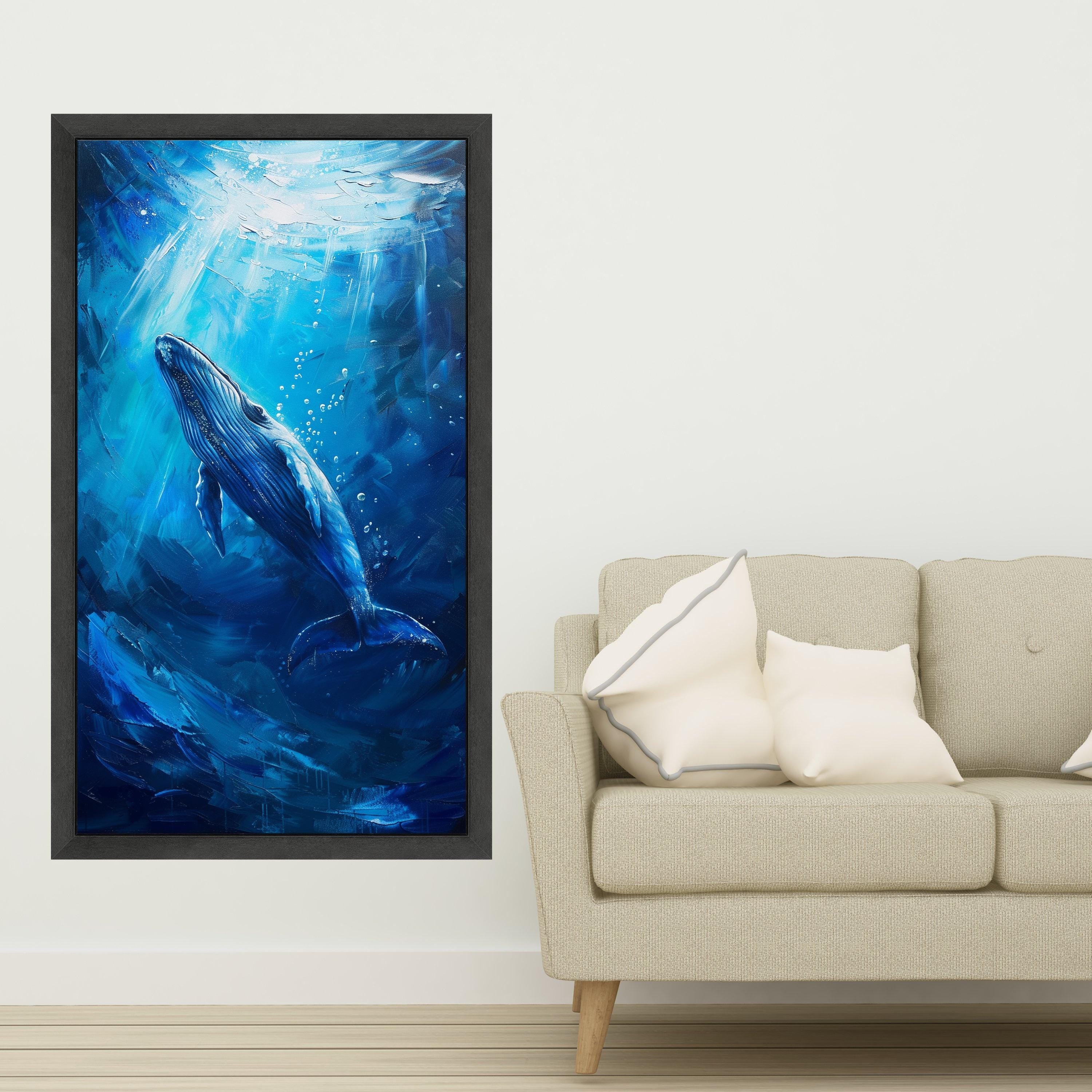 Majestic Blue Whale, Ocean Depths Canvas, Marine Life Wall Art, Sea Creature Print, Framed Ocean Decor