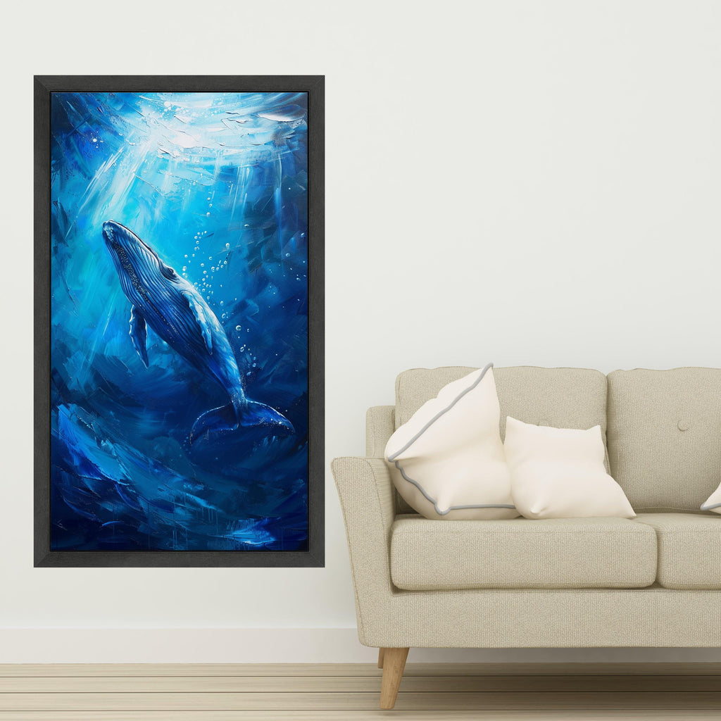 Majestic Blue Whale, Ocean Depths Canvas, Marine Life Wall Art, Sea Creature Print, Framed Ocean Decor