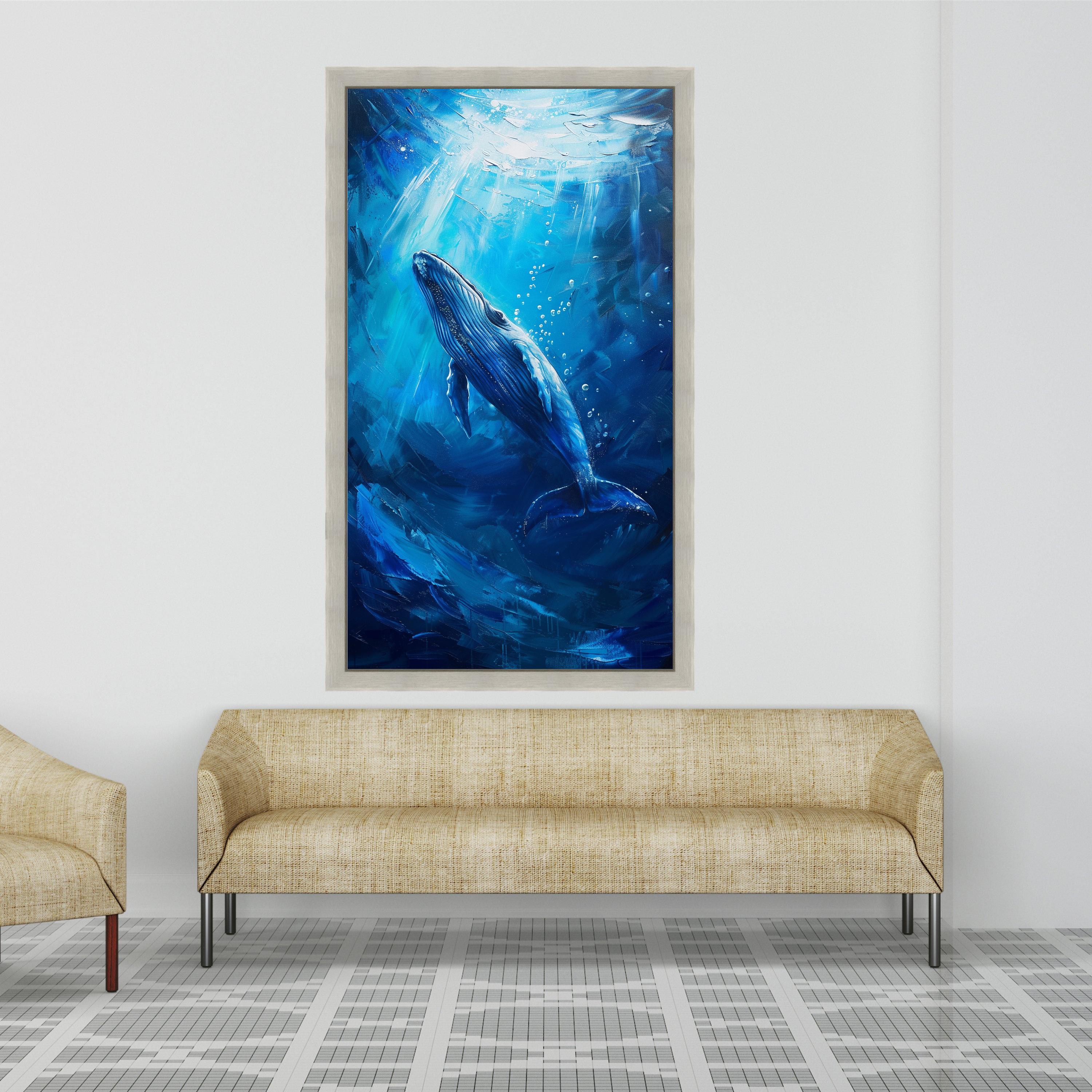 Majestic Blue Whale, Ocean Depths Canvas, Marine Life Wall Art, Sea Creature Print, Framed Ocean Decor