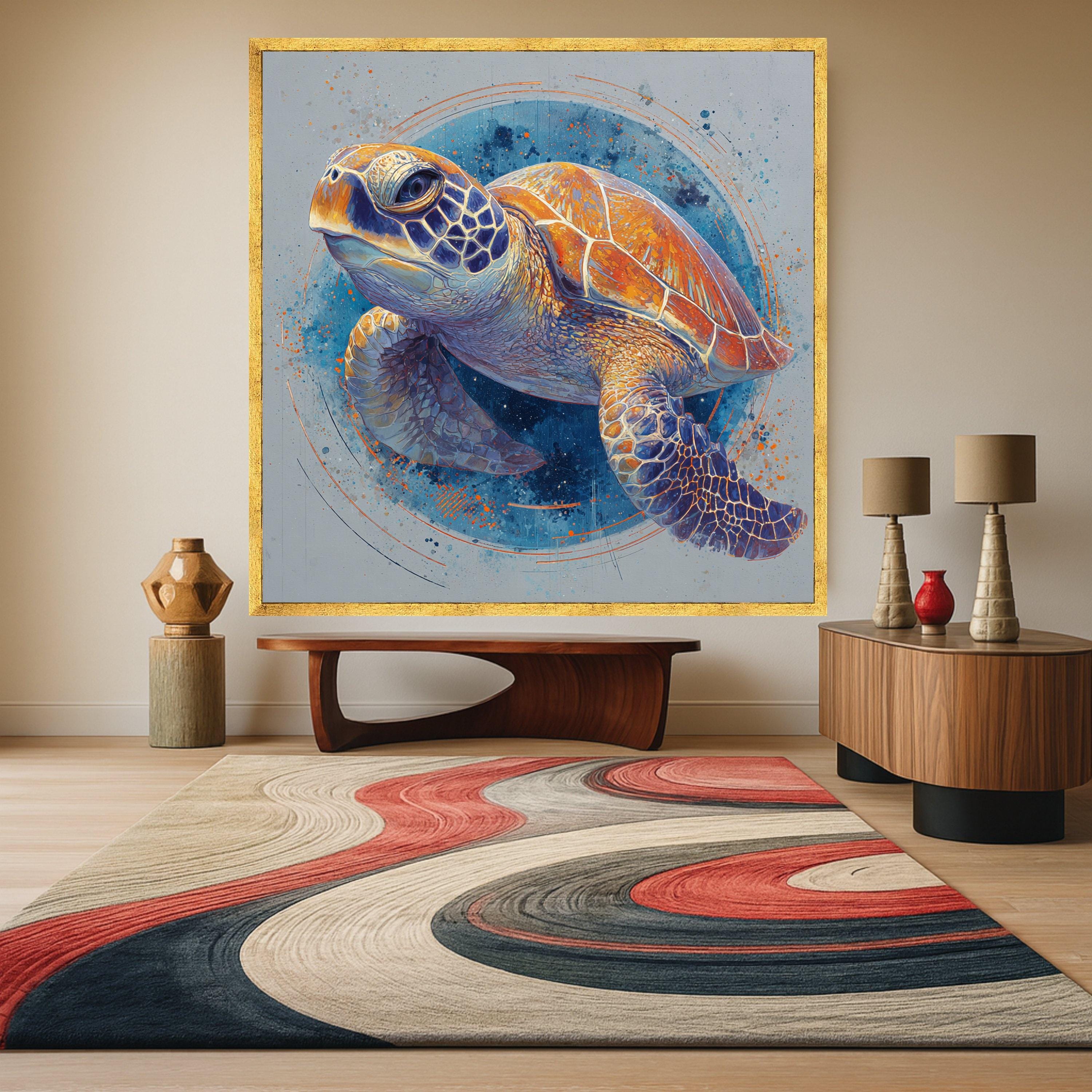 Vibrant Sea Turtle Canvas, Ocean Animal Art, Colorful Marine Wall Decor, Framed Nature Print